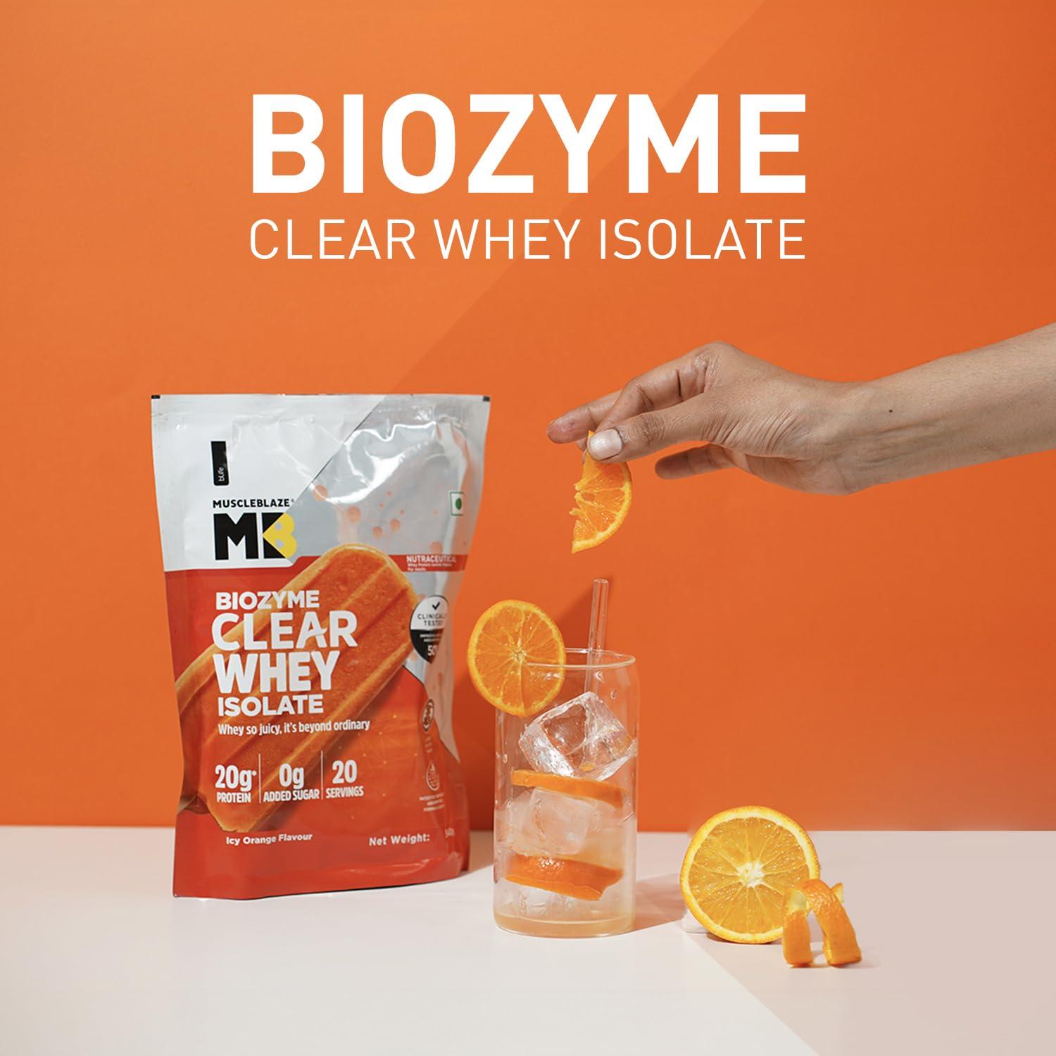 MuscleBlaze MuscleBlaze Biozyme Clear Whey Protein Isolate | 20g Protein, 92 Calories, Zero Added Sugar (Icy Orange Flavour, 20 Servings)