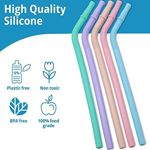HASTHIP HASTHIP® 5Pcs Silicone Straws, Reusable Silicon Straws, Colorful Flexible BPA Free Foodgrade Silicon 8.4Inch Portable Straws for 20 oz 30 oz Water Glasses with Cloth Bag and Cleaning Brush