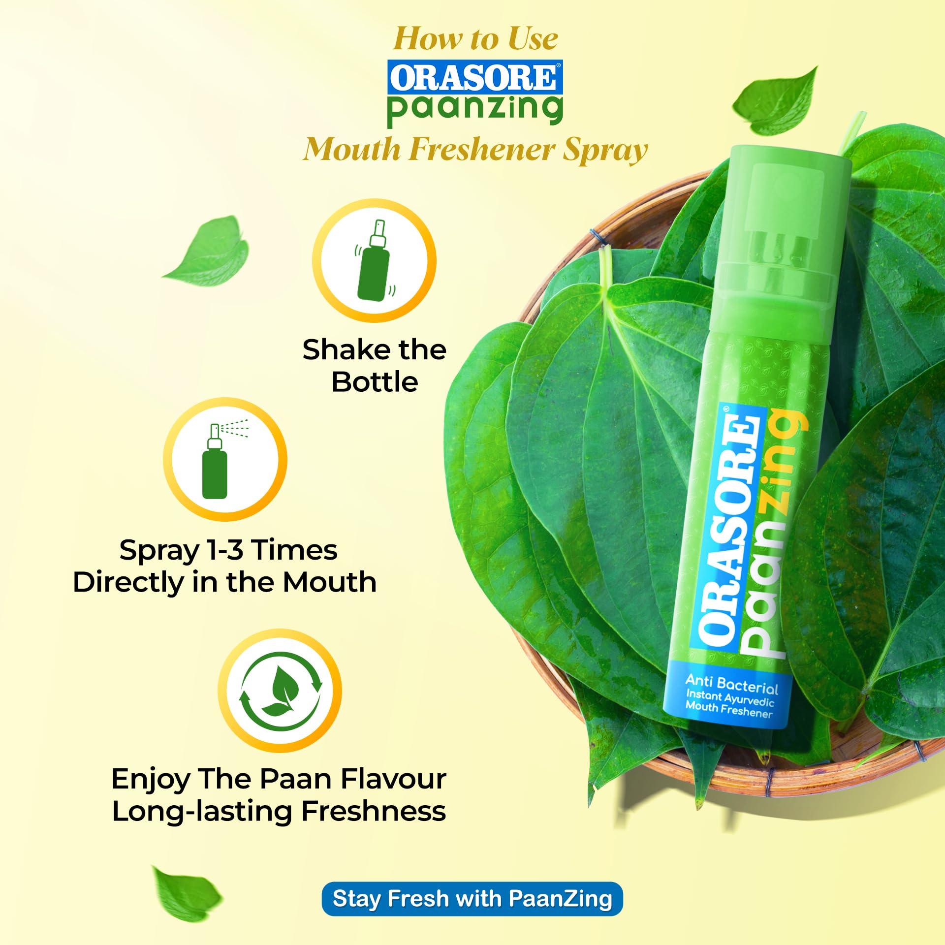 ORASORE PaanZing Instant Mouth Freshener Spray by Orasore | Paan, Aloe Vera, Pudina, Peppermint, Cinnamon, Clove & Elaichi | Anti Bacterial & Long Lasting, Germ-free Blend (Pack of 10)