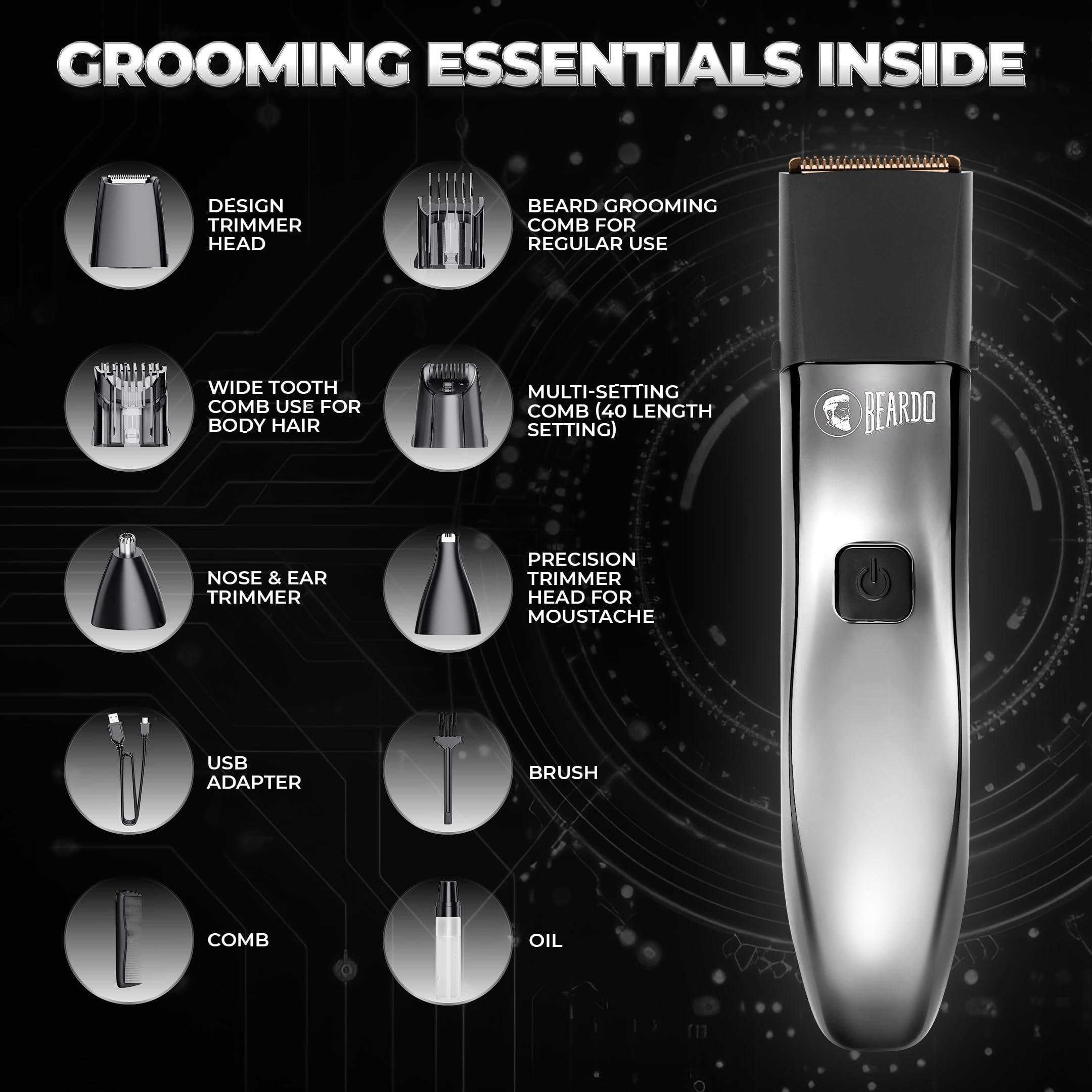 BEARDO Beardo Chrome Beast Multipurpose Full Body Groomer Trimmer Set For Men | 40 Length Settings | 8 attachments | Beard/Hair/Body/Precision/Ear/Nose Trimmer|With Dock|90 min. run time | All-in-1 trimmer | Gift For Brother | Gift For Friends