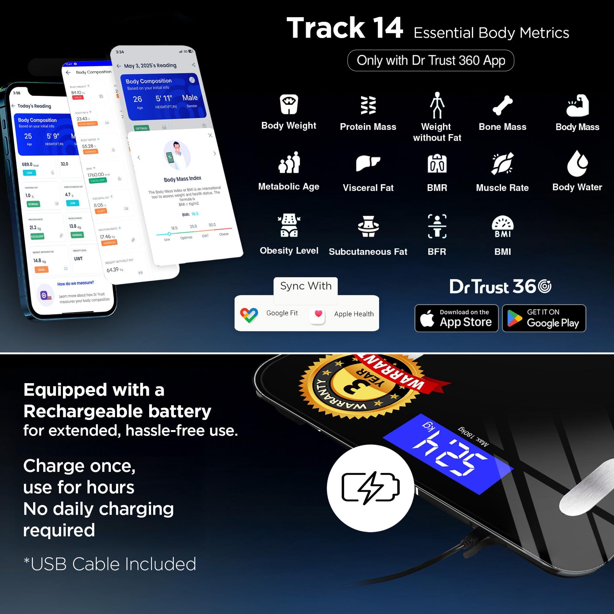Dr Trust Dr Trust Digital Smart Electronic Rechargeable Bluetooth Fitness Body Composition Monitor Fat Analyzer Weight Machine and Weighing Scale-509 (Black)