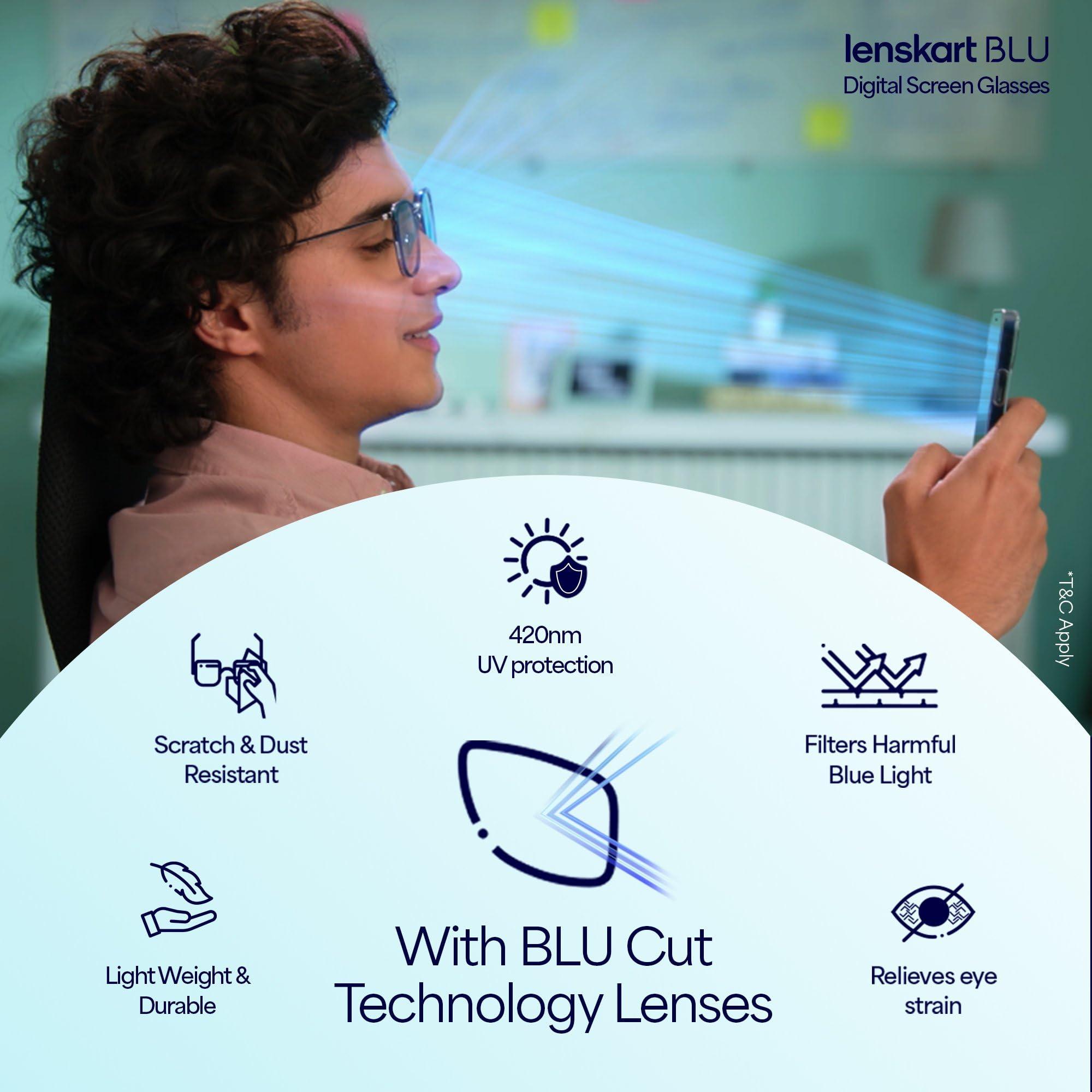 LENSKART BLU LENSKART BLU | Zero Power Blue Cut Computer Glasses | Anti Glare, Lightweight & Blocks Harmful Rays | UV Protection Specs | Black | Men & Women | Large | LB E16063