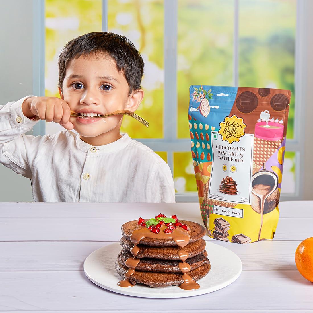 The Belgian Waffle Co The Belgian Waffle Co Chocolate Oats Pancake & Waffle Premix, 100% Vegetarian & Eggless, No Added Preservatives and Organic Non Refined Sugar, Instant Breakfast Mix - 250gm (9 Pancakes Each,Pack of 3)