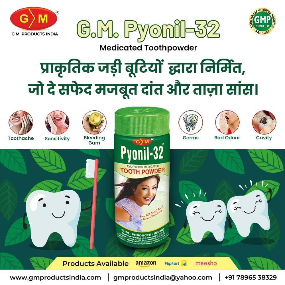 G.M. G.M. Pyonil-32 Ayurvedic Herbal Dant Manjan For Oral Health | Medicated Tooth Powder | Prevents Pyorrhea, Bleeding of Gums and Other Dental Problems | - 50 Gram (Pack of 4)