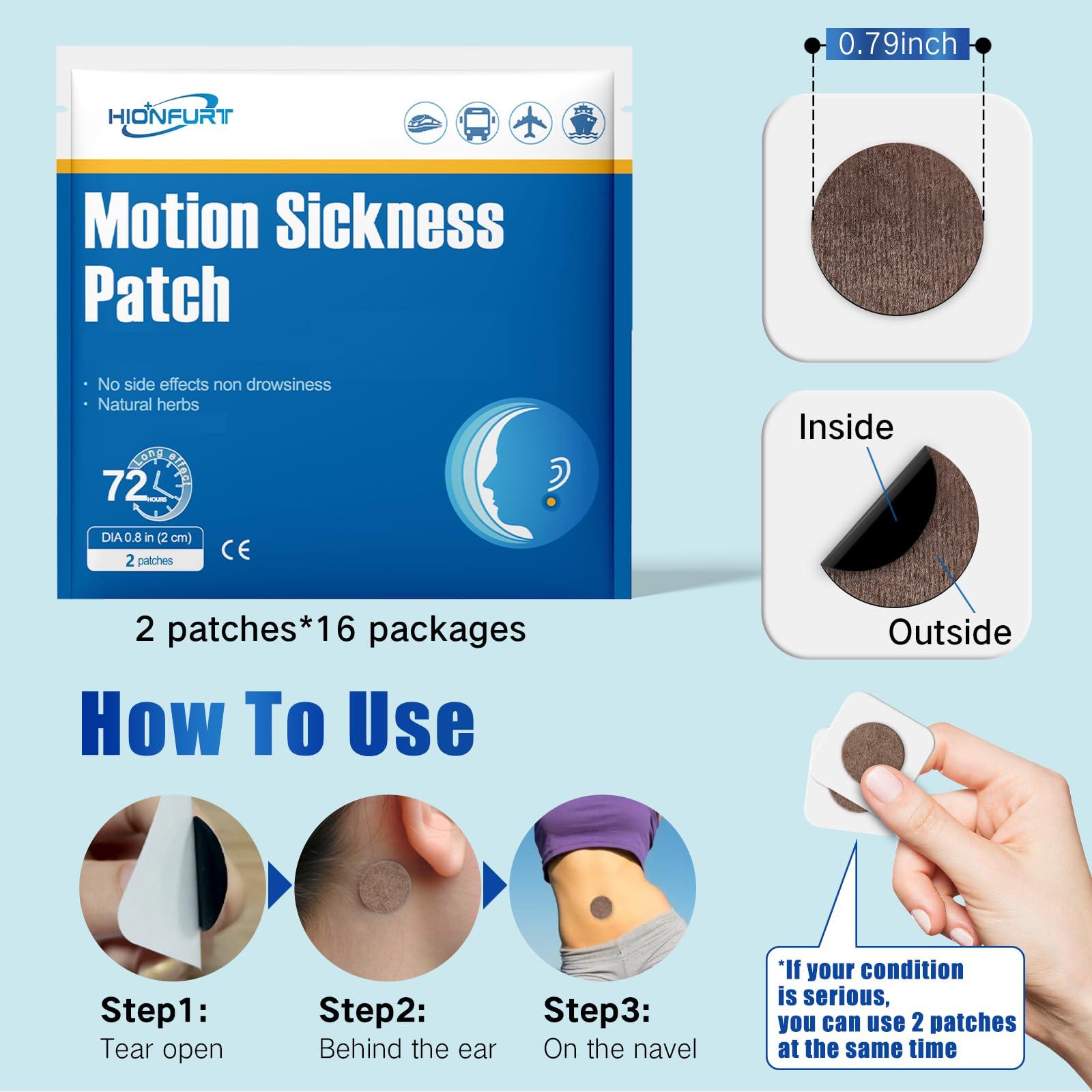 Hionfurt Motion Sickness Patch, 32 Patches Nausea Patches, Motion Sickness Patch for Kids, Adults, Sea Sickness Patches Relieve Nausea, Vomiting, Dizziness & Other Symptoms from Ships,Trains