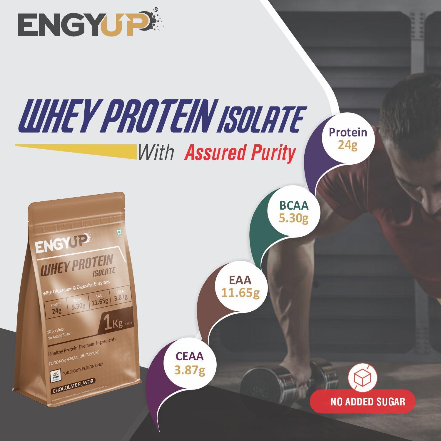 ENGYUP ENGYUP Whey Protein Isolate 90%, 24g Protein, Rich BCAA & EAA Profile, Chocolate Flavor, 1Kg