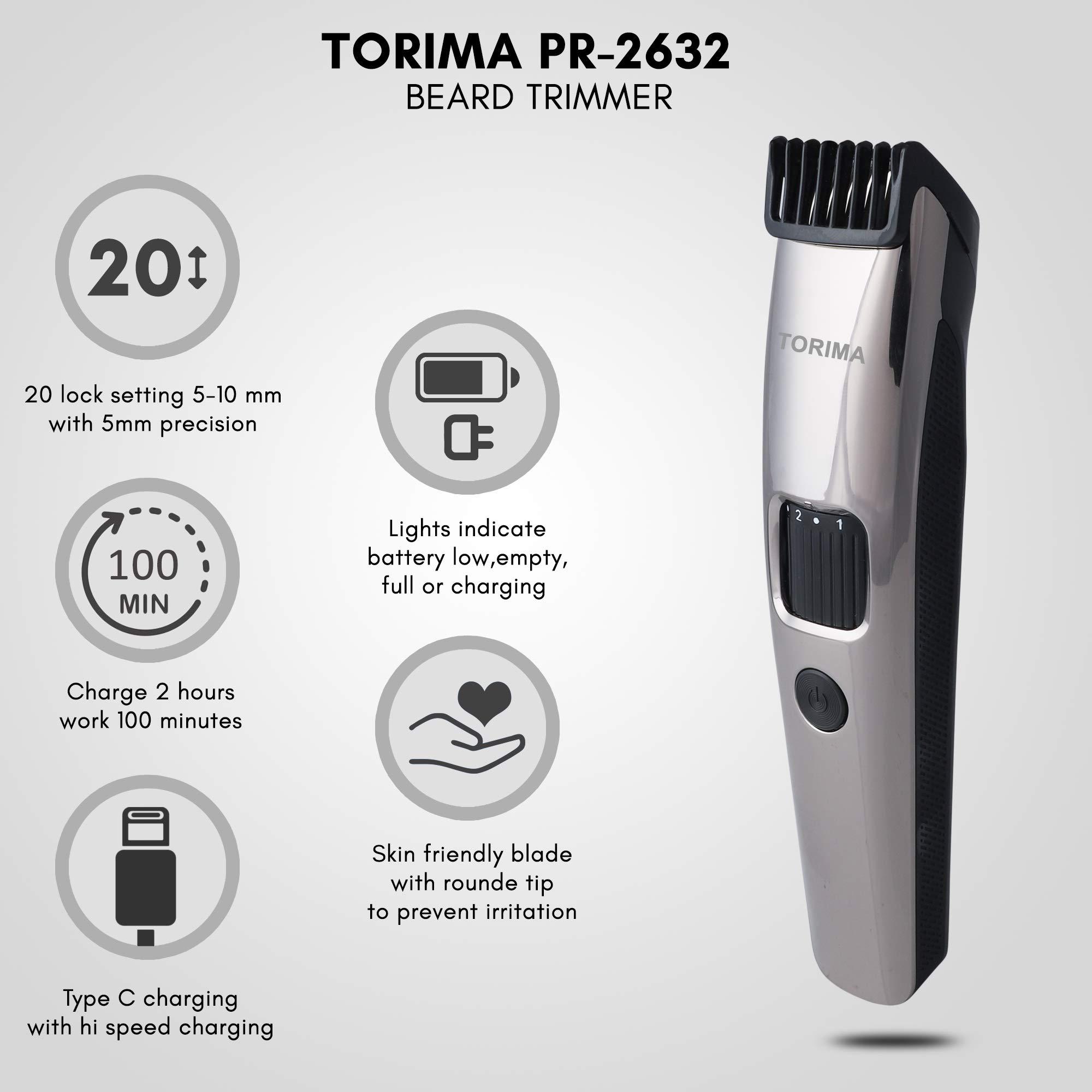 Torima Torima trimmer men PR-2632 beard trimmer for men the ultimate trimmer for man with type C fast charging 100 Min Run Time with 20 settings mens trimmer, Corded Electric
