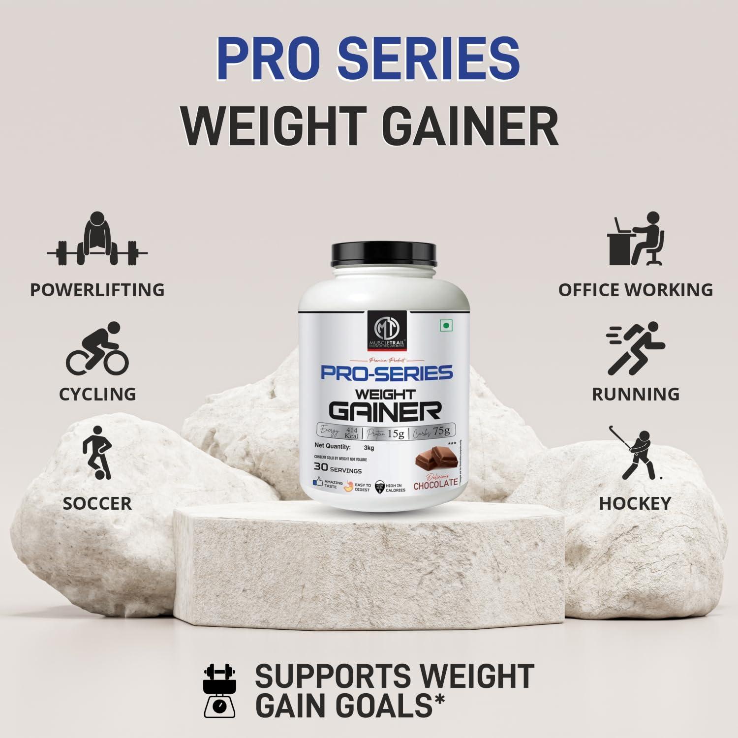 MUSCLETRAIL MuscleTrail Pro Series Weight Gainer Powder | Kaju Pista Badam (3kg) | 15g Protein, 414 Calories, 75g Carbs, High in CaloriesforWeightgain