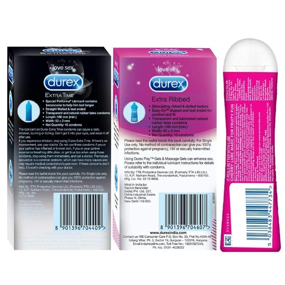 Durex Pleasure Packs (Durex Extra Time 10s, Extra Ribbed 10s, Extra Time 10s, Extra Ribbed 10s, Cherry 50 ml)