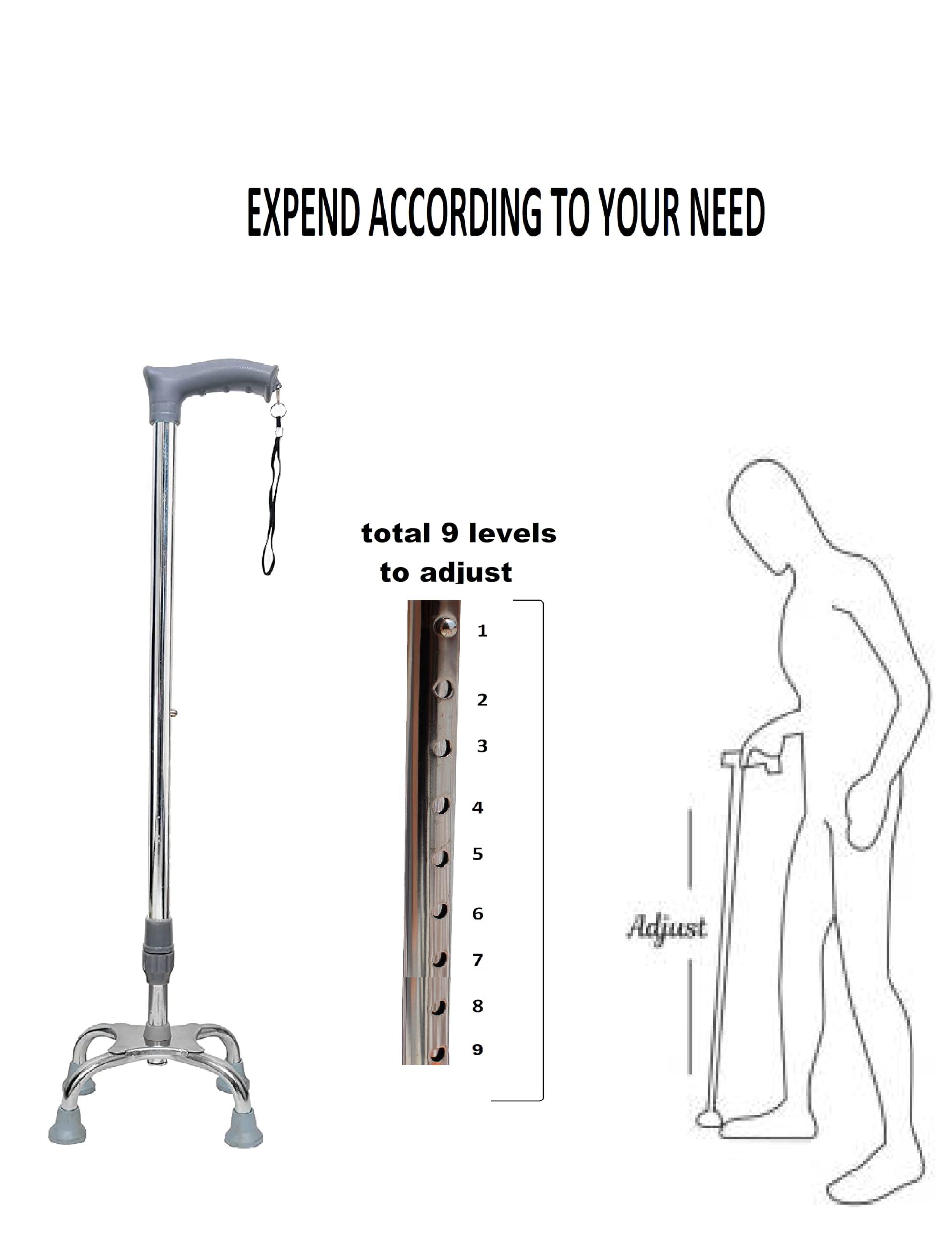 KDS SURGICAL kds surgical 4 Leg Chrome Grey Height Adjustable Men/Women/Old Age People Patient Walking Stick (Grey)