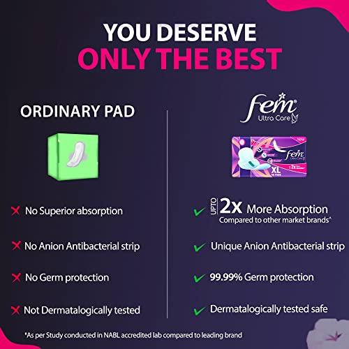 FEM Fem Ultra Care Sanitary Pads for Women - XL+(Pack of 30) with wings| 2X higher absorption technology | Zero leakage up to 12 hours | Dermatologically tested |99.99% germ protection