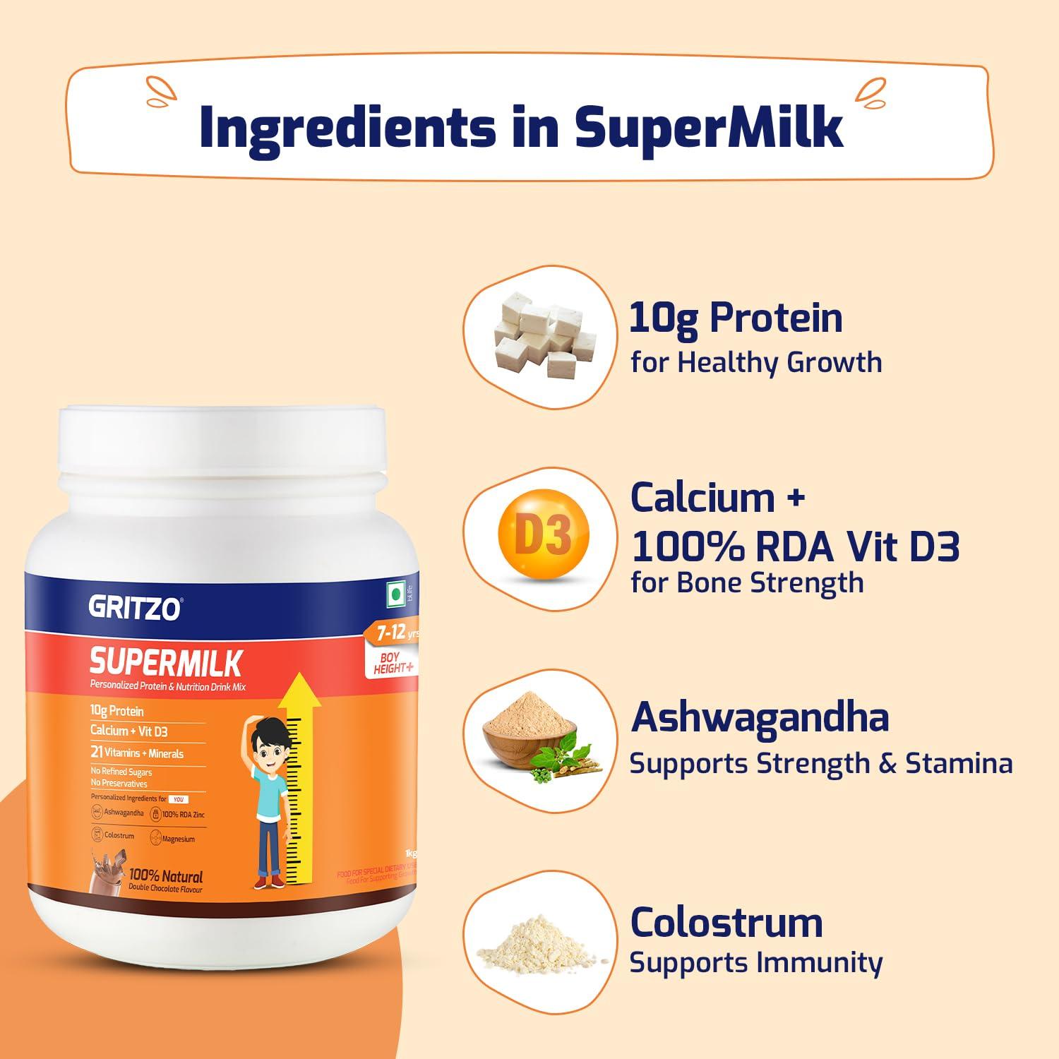 Gritzo Gritzo SuperMilk Height+ (7-12y Boys), 10g Protein Powder (Double Chocolate, 1kg) | Zero Refined Sugar, 21 Vitamins & Minerals