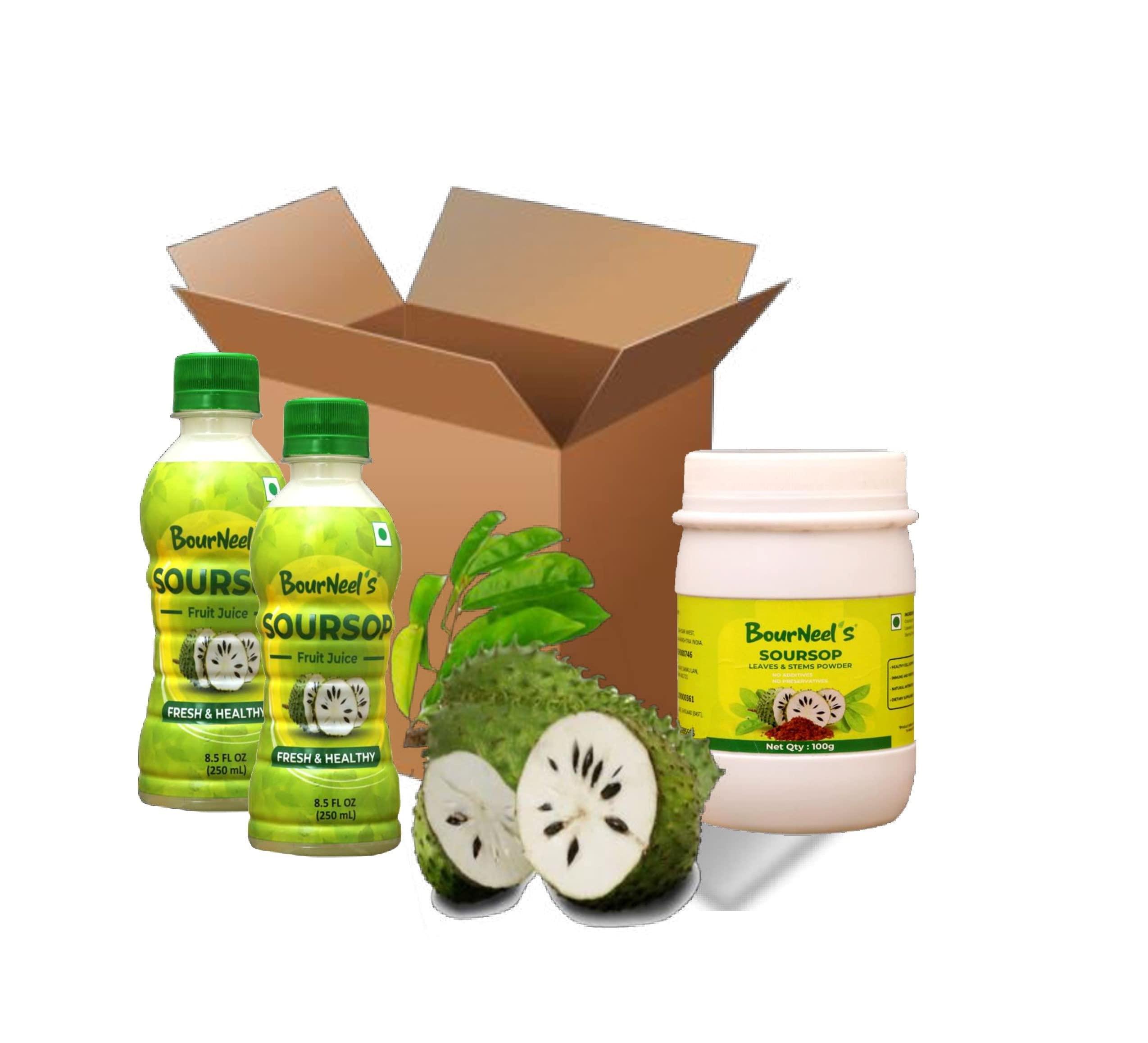 BourNeel's BourNeel\'s Soursop Pack of 2 (2 Soursop Fruit Juice 250ml + 1 Soursop Leaves & Stems Powder 100gm) | Immunity & Energy Booster | Fresh Organic Natural & Real Healthy Graviola Laxman Phal Pulpy Juice Drink |Soursop Kadha Tea | High Vitamin C |