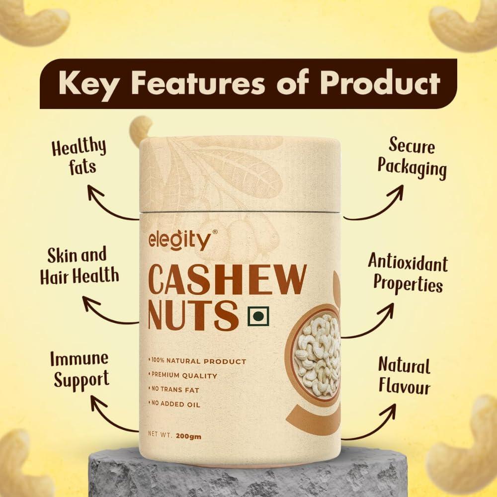 ELEGITY Elegity 100% Natural W210 Plain Cashew Papertube 200 gm | Whole Kaju - Nutritious, Delicious & Crunchy | No Added Preservatives in Dry Fruit | Source of Fibre, Rich in Protein