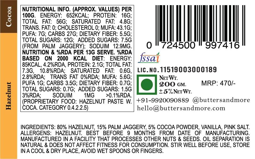 Butters & More Butters & More Vegan Hazelnut Butter With Dark Cocoa & Palm Jaggery (200G). Healthy Chocolate Spread.