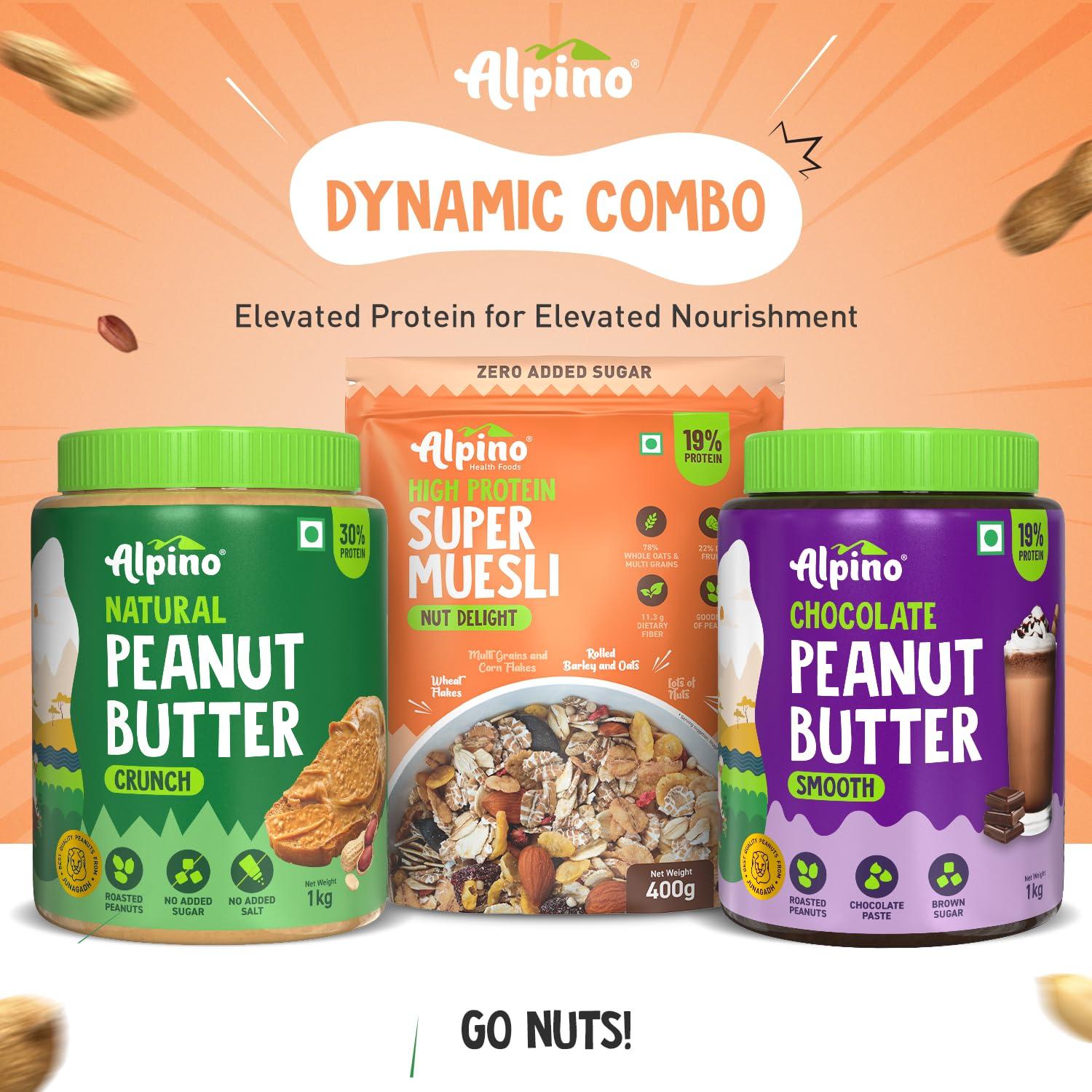 Alpino ALPINO High Protein Diet Super Combo - Natural Peanut Butter Crunch 1kg, Super Muesli Nut Delight 400g, Chocolate Peanut Butter Smooth 1kg