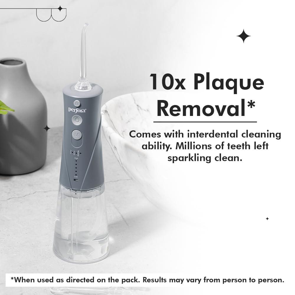 Perfora Perfora Power Water Dental Flosser | 1 Year Warranty | Dental Flosser For Teeth Oral Care, 3 Modes, Alcohol-free Anti-Plaque Mouthwash, Water Floss - Water Flosser & Mouthwash Combo |Thyme Mint, Grey