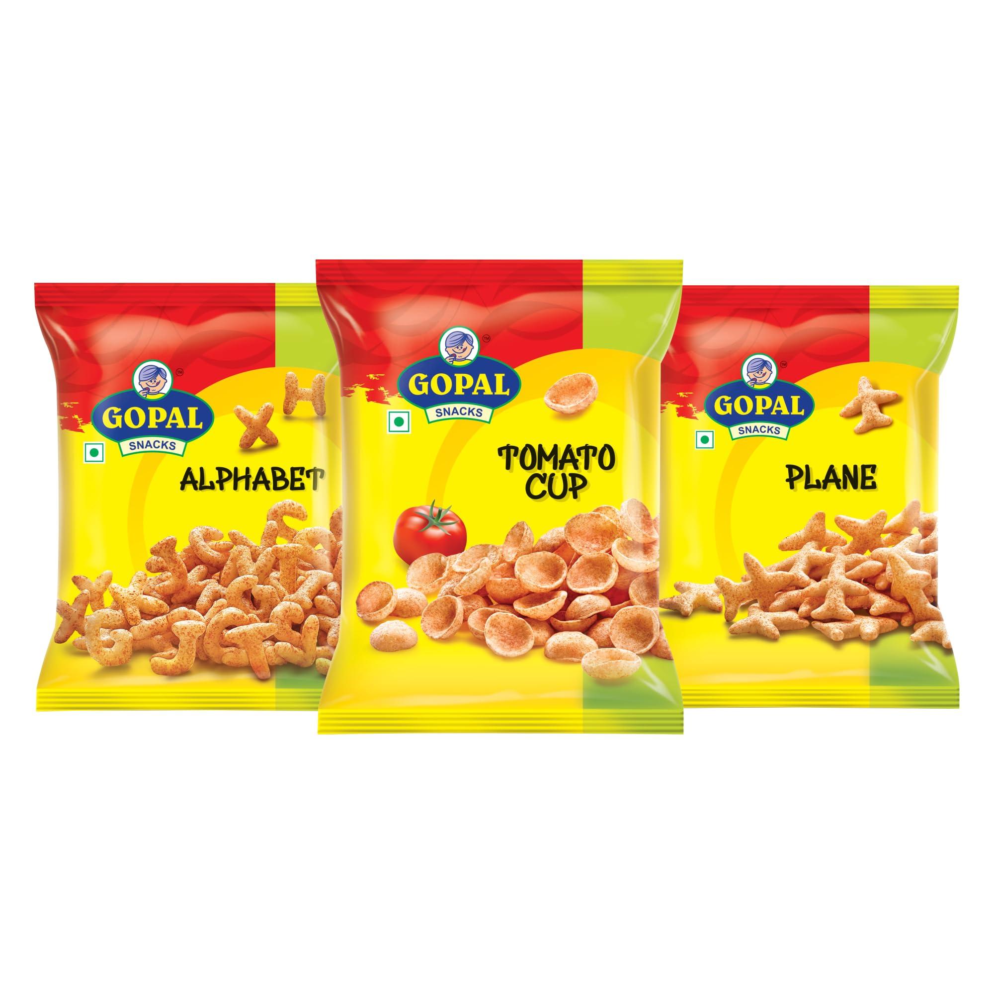 GOPAL NAMKEEN Gopal Namkeen Snack Pellets| Pack of 9 x 55g| 3 x Tomato Cup| 3 x Plane| 3 x Alphabt |