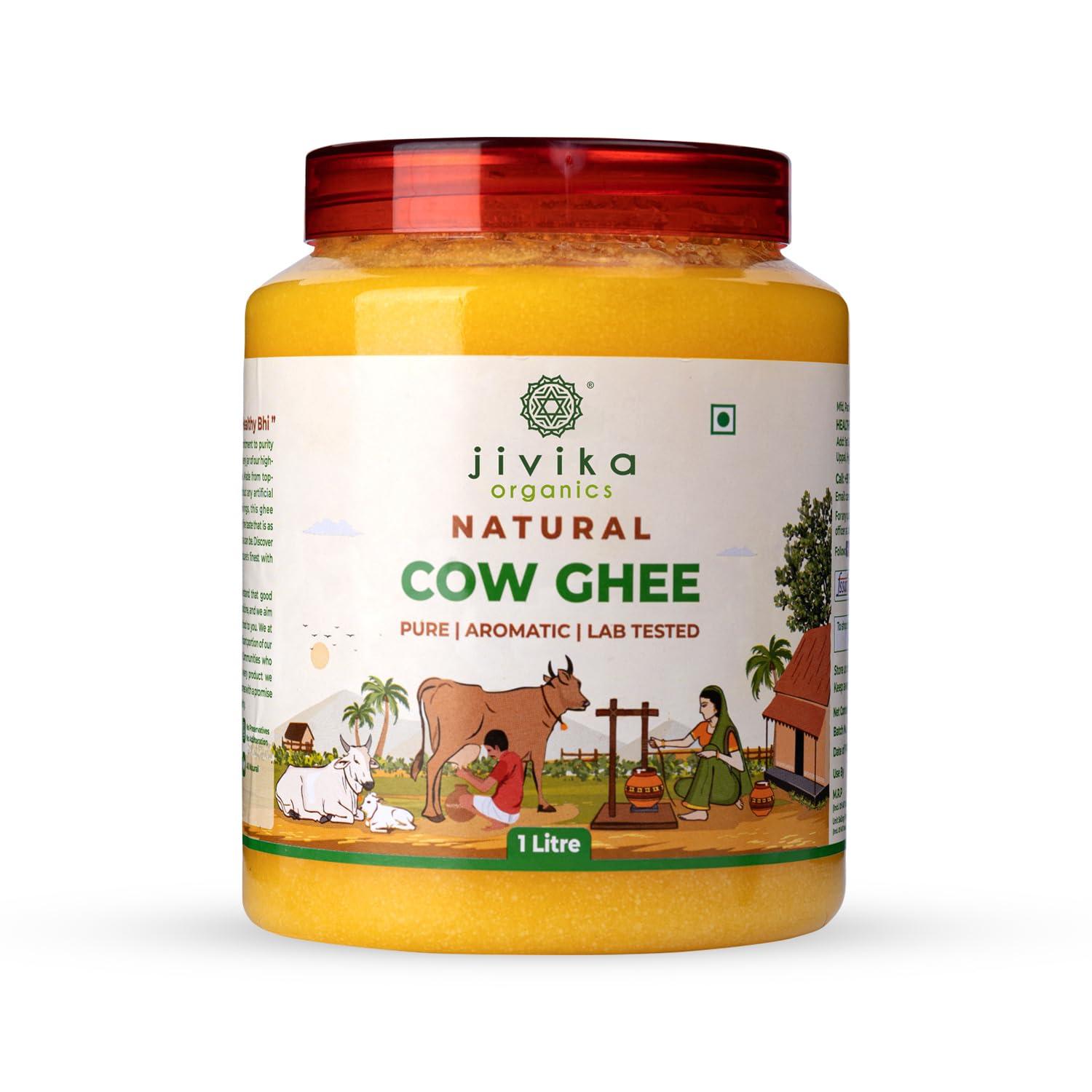 JIVIKA NATURALS Jivika Pure Natural Bilona Cow Ghee | Hand Churned Grass Fed Cows | 100% Pure and Natural | Desi Ghee | Highly Nutritious | Helps Keep Your Heart Healthy | Boost Immunity & Energy | Lab Tested | 1 Litre Pet Jar