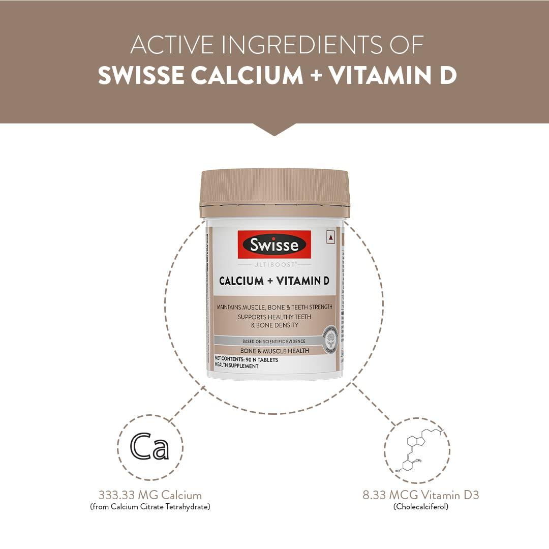 Swisse Swisse Calcium + Vitamin D - Supports Stronger Bones, Immunity & Muscle Health, Manufactured In Australia - Pack of 90 Tablets (1 Tablet Per Serving)