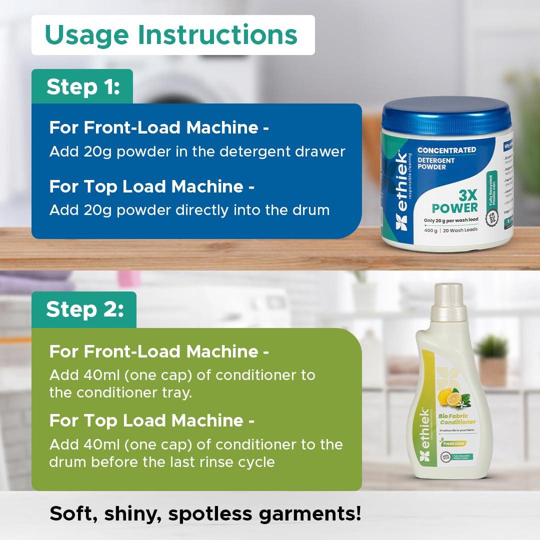 ETHIEK Ethiek Concentrated Detergent Powder (400g) & Fabric Conditioner (0.5L), Natural & Organic Detergent with 3X Power for Tough Stains and After Wash Fabric Softener, For Top & Front Load Machine - Combo