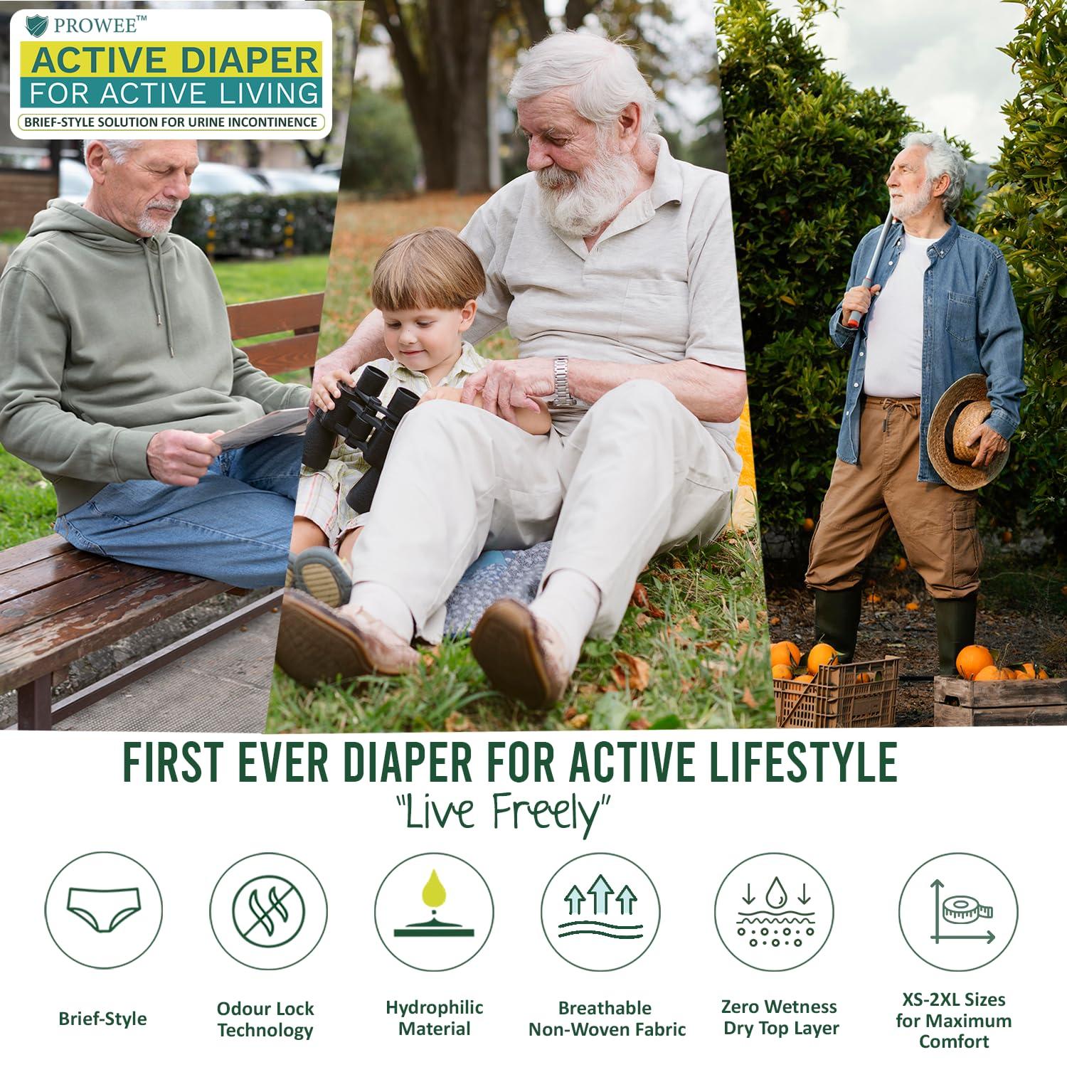 PROWEE Prowee Men Active Diaper For Urinary Incontinence | Brief-Style | Capacity Up To 450ml with Leak Guard (Pack of 5) (L)