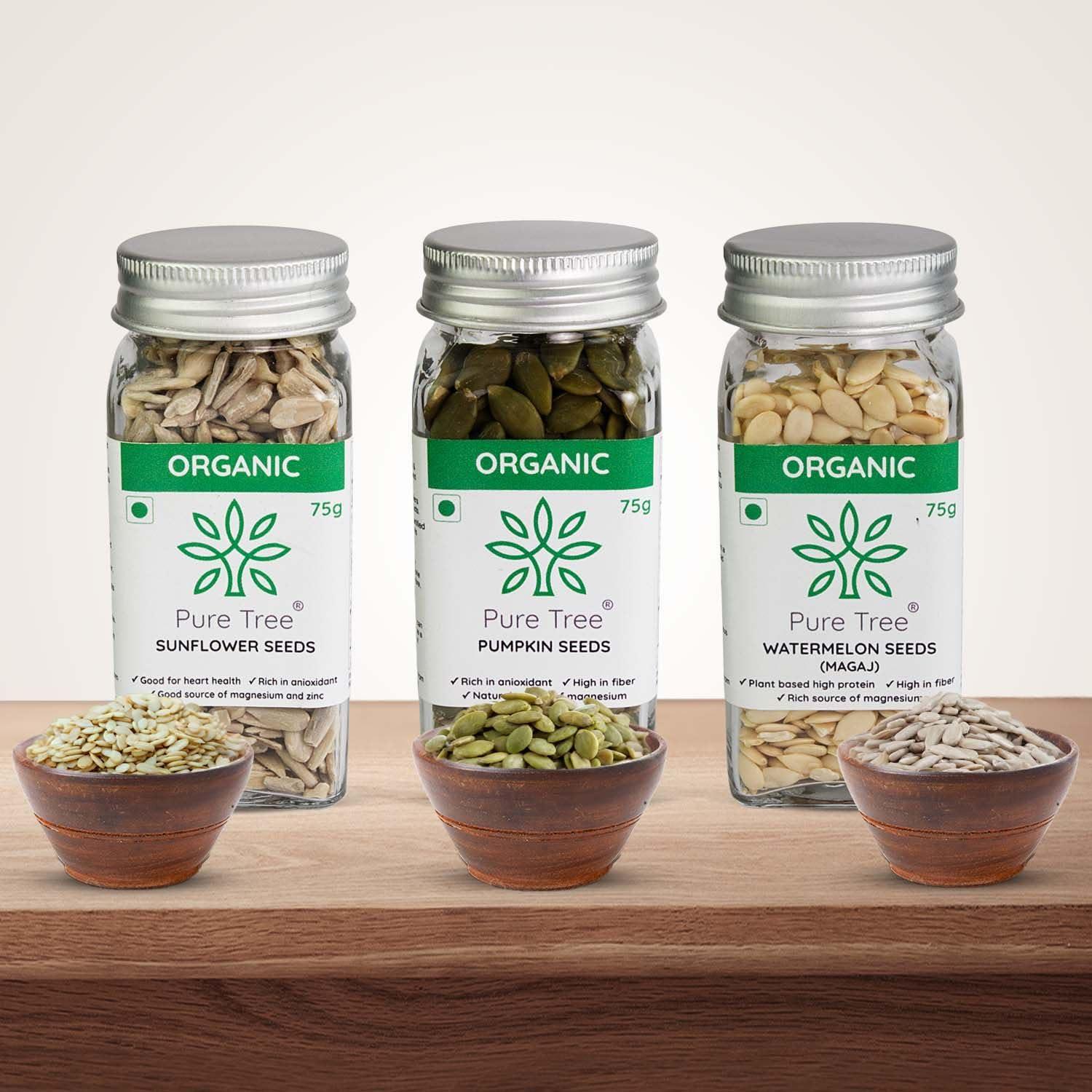 Pure Tree Pure Tree Certified Organic Pumpkin Seeds, Sunflower Seeds, Watermelon Seeds | 75 g Each | Glass Jar | Surajmukhi ke beej, Magaj Seeds, Kaddu Ke Beej, Mix Seeds For Eating | Raw Healthy Seeds Combo Pack
