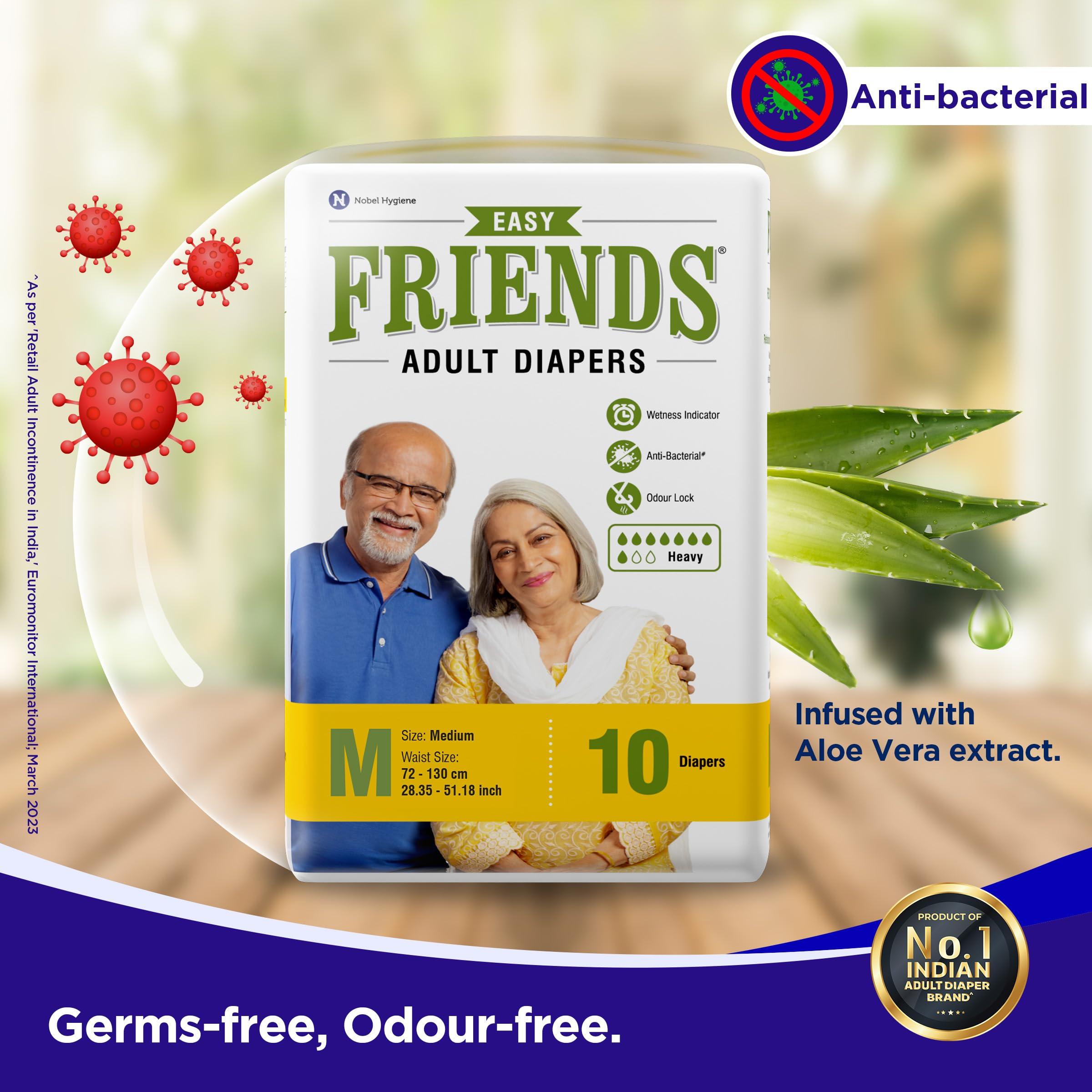 Friends Friends Easy Adult Diapers Tape Style - 20 Count (Medium) with odour lock, Unisex, Leakproof, Wetness Indicator and Anti-Bacterial Absorbent Core- Waist Size 28.35-51.18 inch; 72-130cm