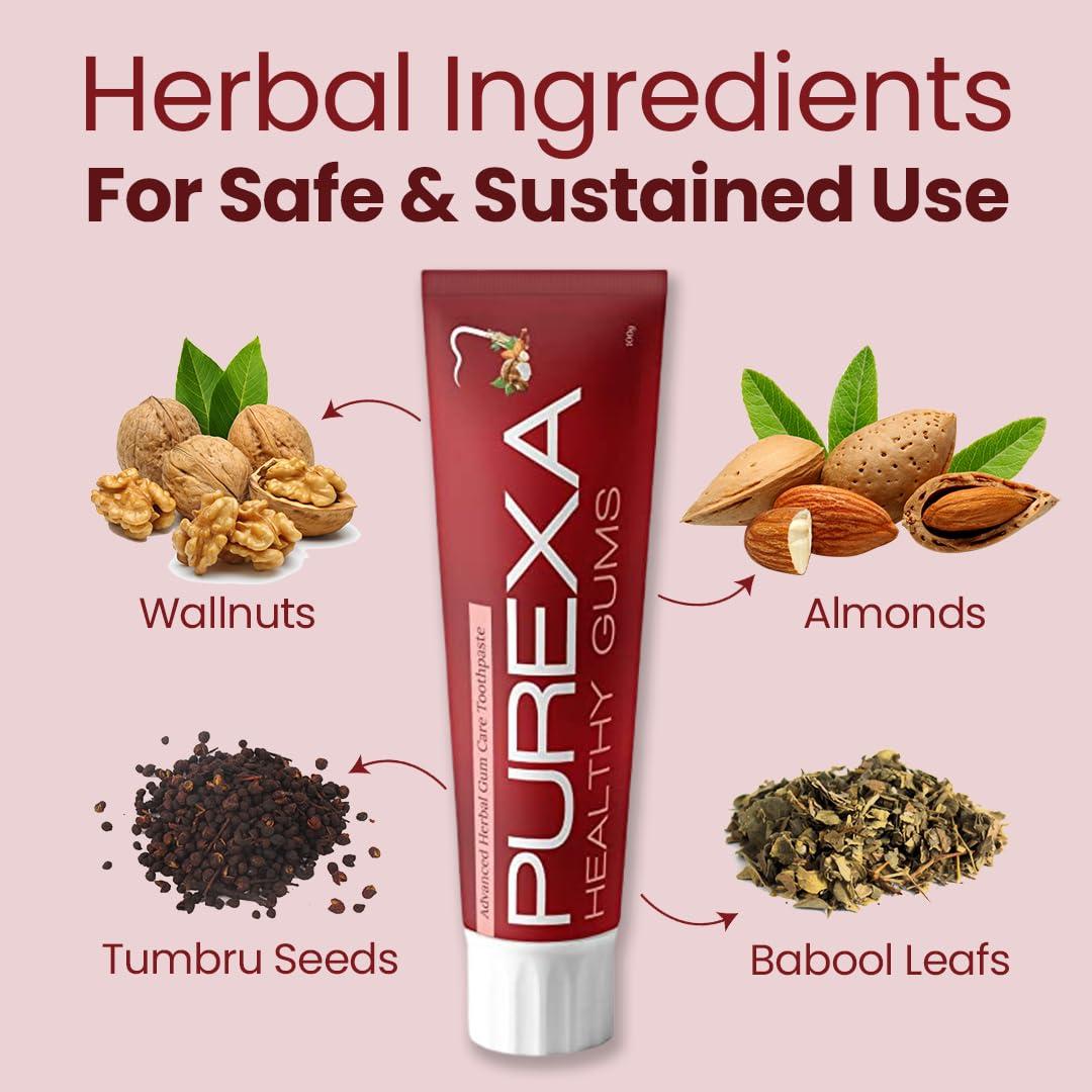 PUREXA Purexa Healthy Gums Toothpaste & Gum Serum With Two Bamboo Toothbrush | for puffy, swollen and Bleeding Gums and Daily Gum Protection with Walnut, Almond, Tumbru, and Babool for Men & Women
