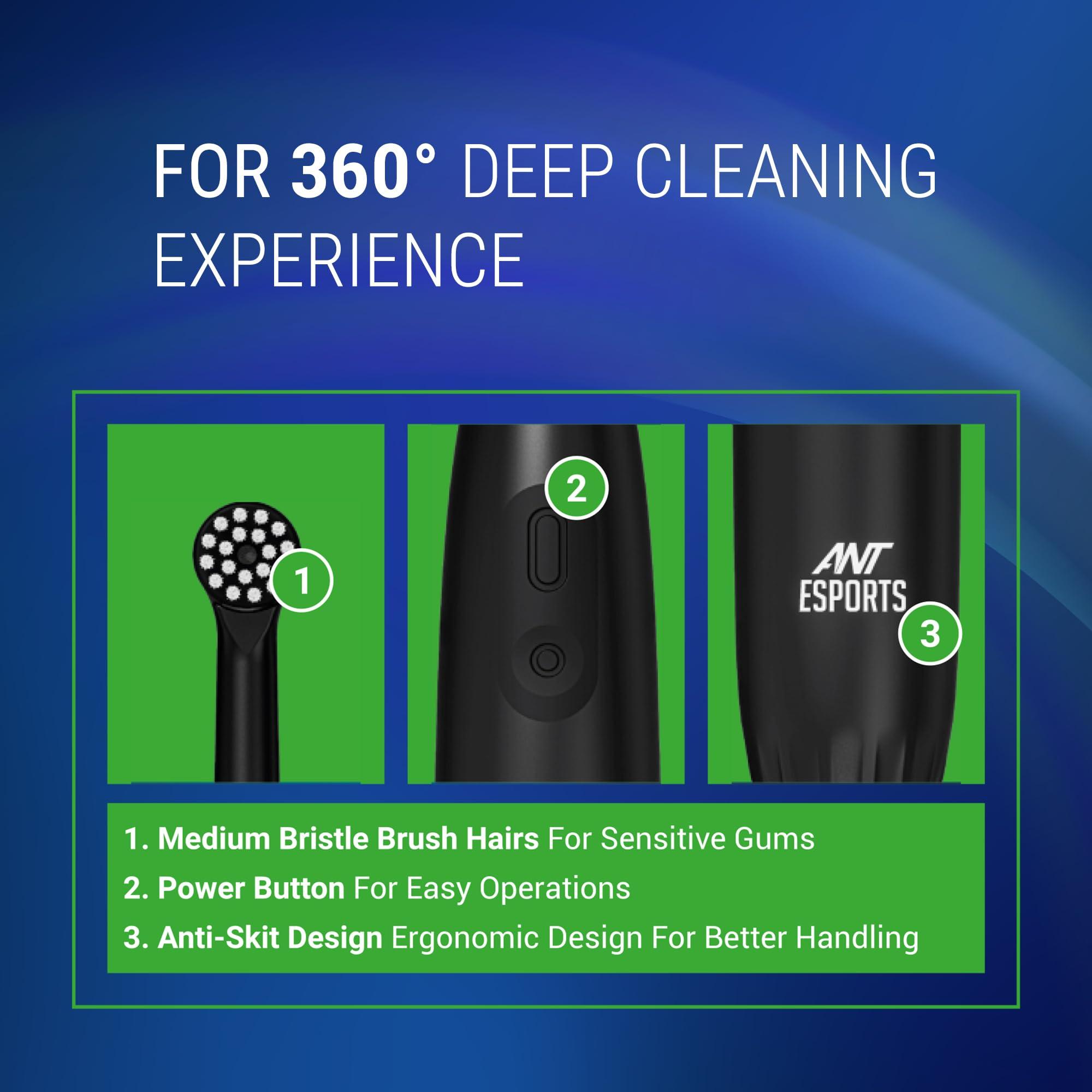 Ant Esports Ant Esports Alpha 360 Oscillation Electric Toothbrush with 2 Brush Heads, Sonic Toothbrushes 28,000 VPM, IPX7, Ergonomic Designs, last long for 40days - Black