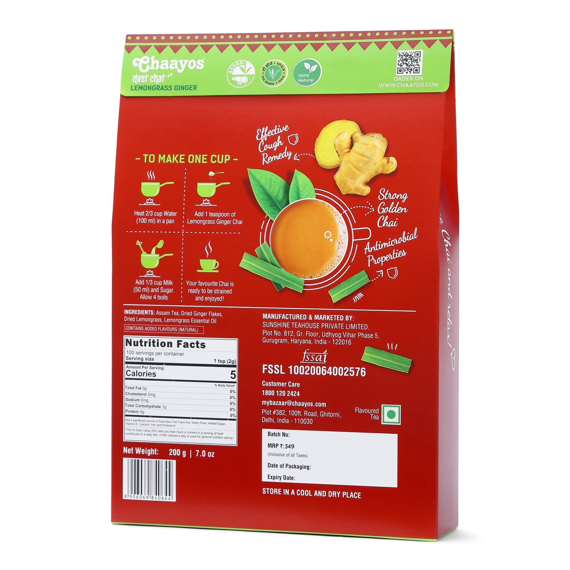 Chaayos Chaayos Lemongrass Ginger Tea - Premium Chai Patti for Cough & Cold Remedy (200g)