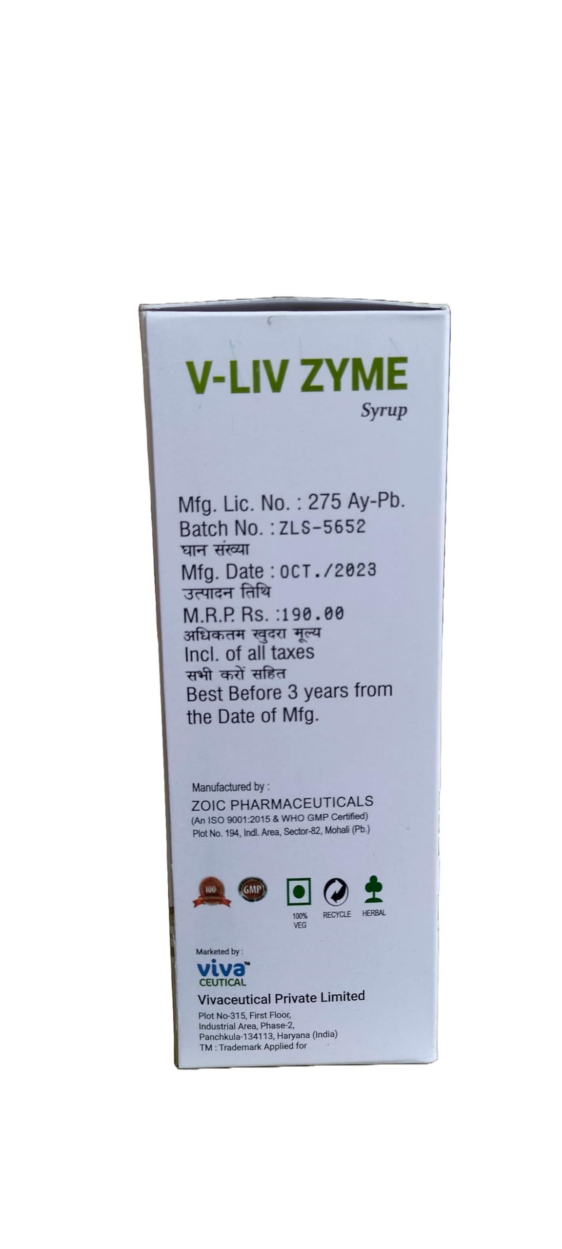 Vivaceutical V-LIV ZYME Syrup Liver Tonic, Enzyme & Antacid | An Ayurvedic Fatty Liver Tonic | 200ml
