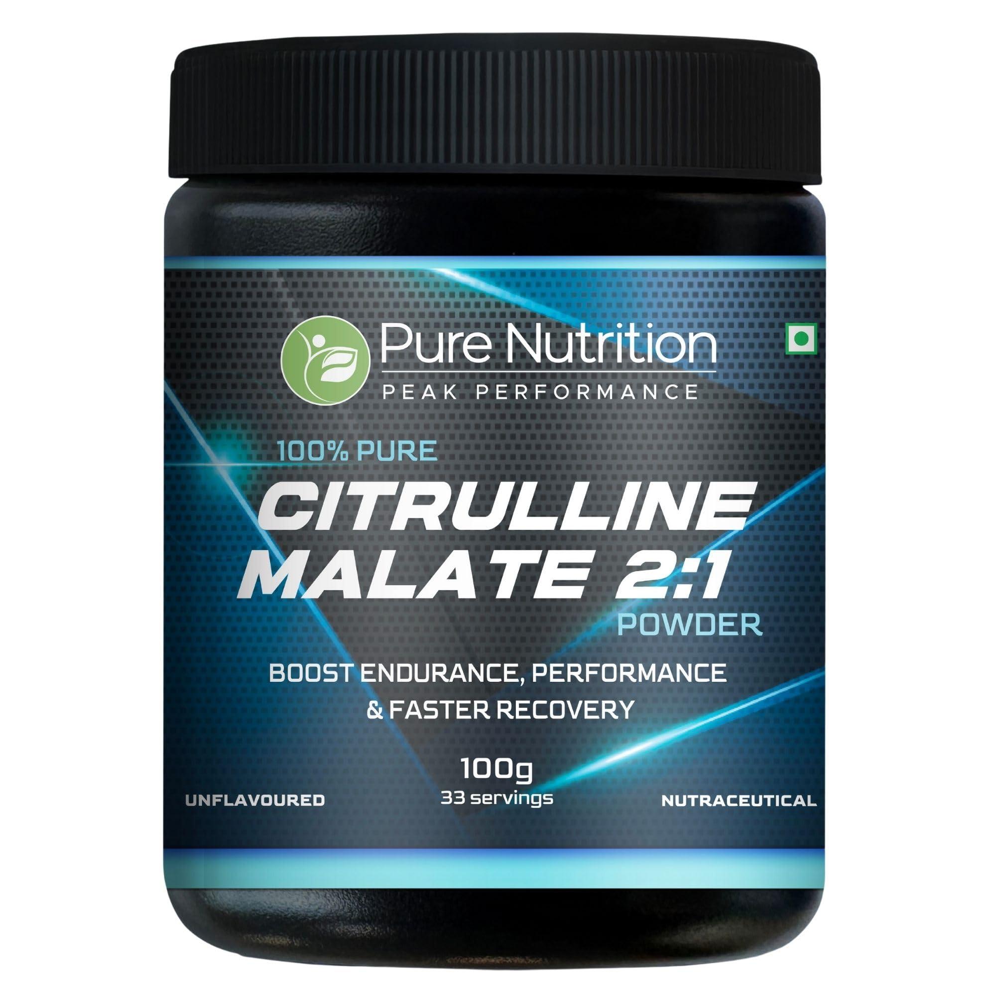 Pure Nutrition Naturals Pure nutrition 100% Pure L Citrulline DL Malate 2:1 Powder (Unflavoured, 100g), 66 servings | Boost Endurance, Improve Performance, Faster Recovery & Reduce Muscle Fatigue.