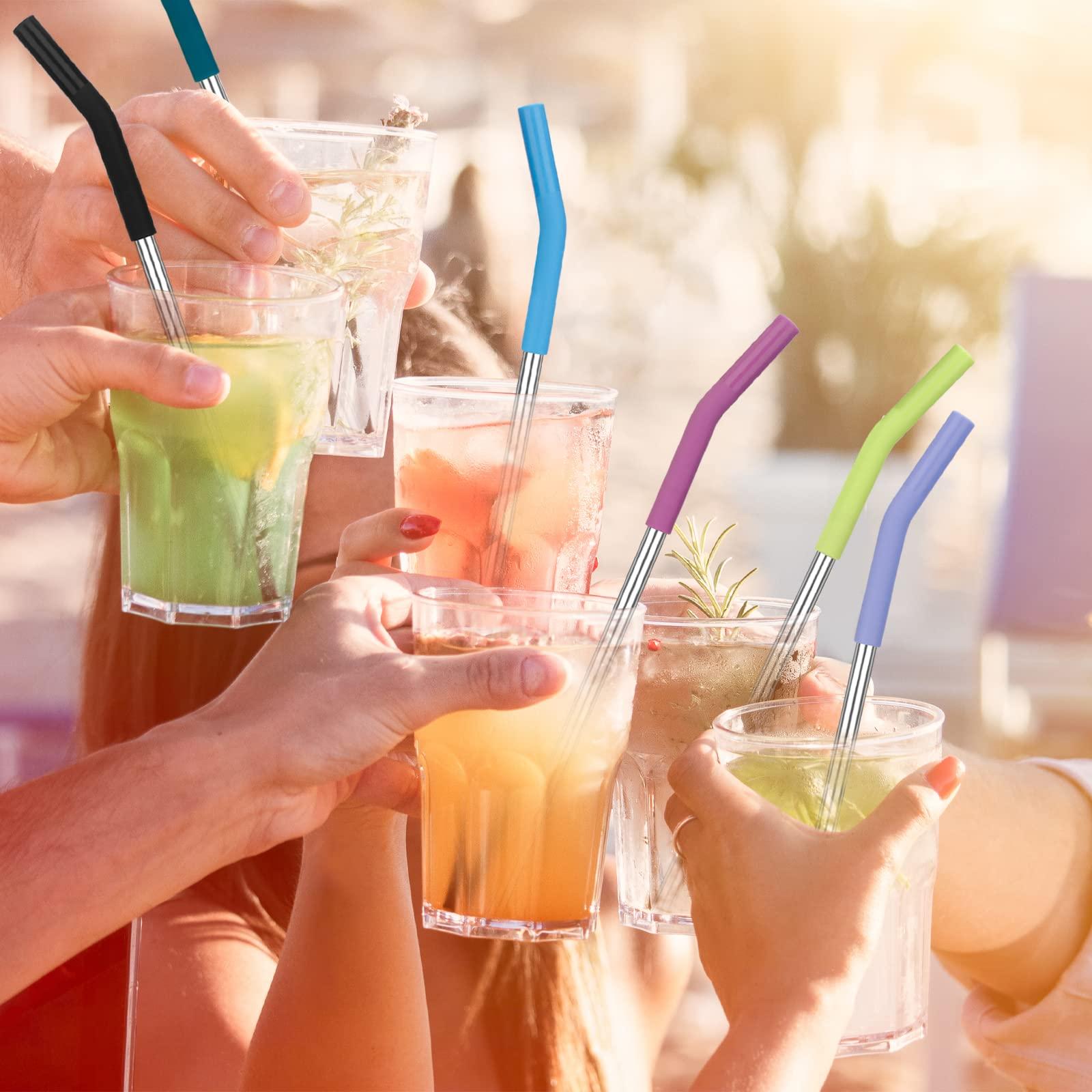 Zenbo Set of 6 Stainless Steel Reusable Metal Straws with Silicone Flex Tips Elbows Cover, 6 Steel Straws,6 Silicone Tips,1 Straw Cleaning Brush