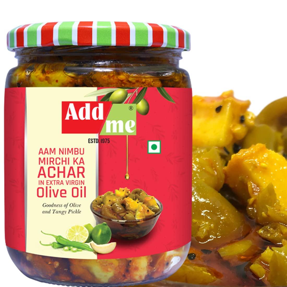 Add me Add me Mango Pickle 500 gm, Mixed Pickles 500 gm, Green Chilli Pickles 500 gm and Aam Nimbu Mirch Achar 500 gm All in Extra Virgin Olive Oil, Total 2 Kg -4 in 1 Pickle Combo Pack