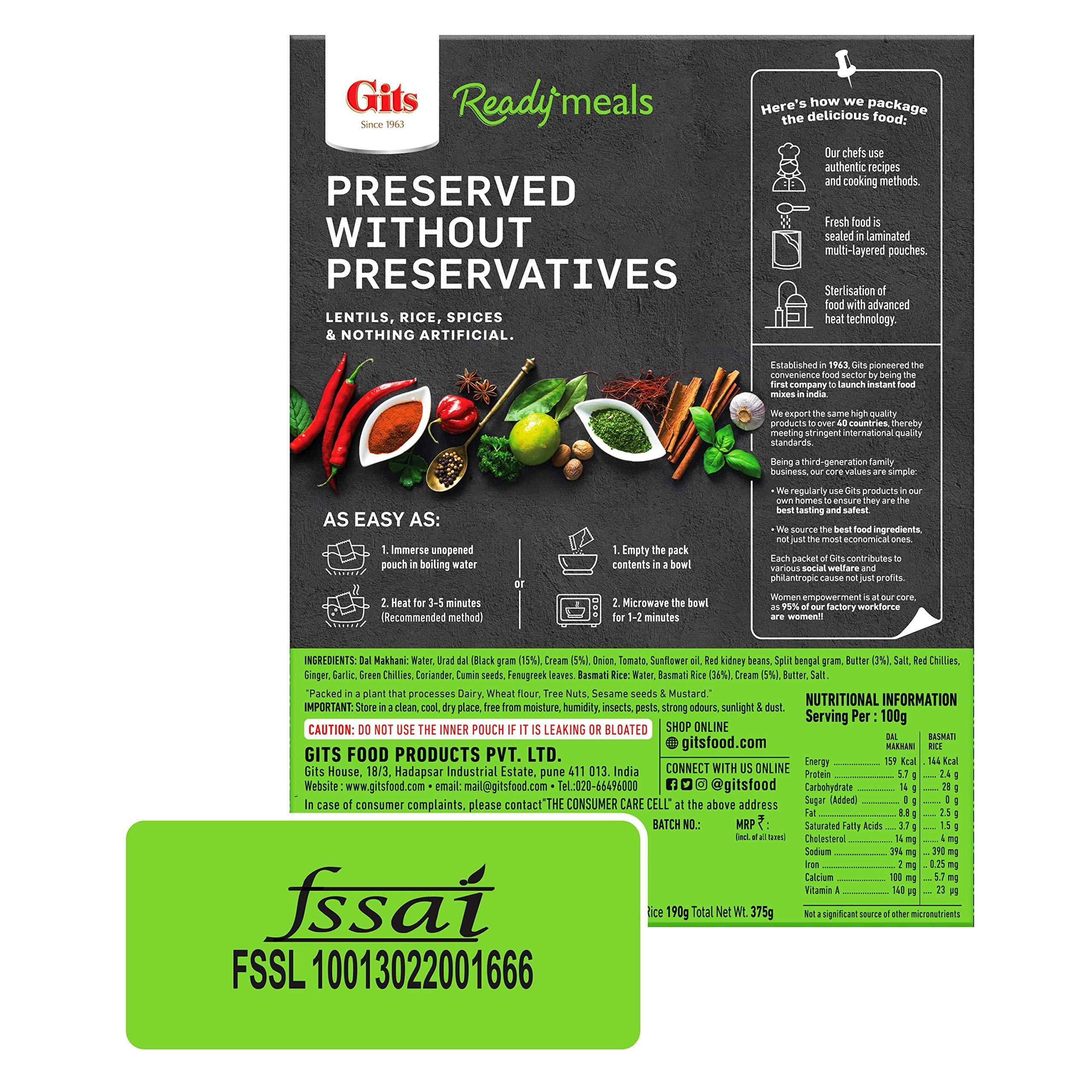 Gits Gits Ready to Eat Basmati Rice + Dal Makhani Combo Indian Meal, Pure Veg Heat and Eat, 1125g (Pack of 3 X 375g Each)