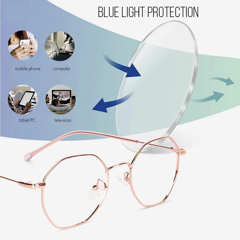Poshh Eyewear Poshh Eyewear Hexagonal Shape Blue Cut Antiglare Zero Power Computer Eyeglasses For Men And Women | Blue Light Filtering Glasses For Computer And Mobile Use | 100% UV Protection (Rose Gold)