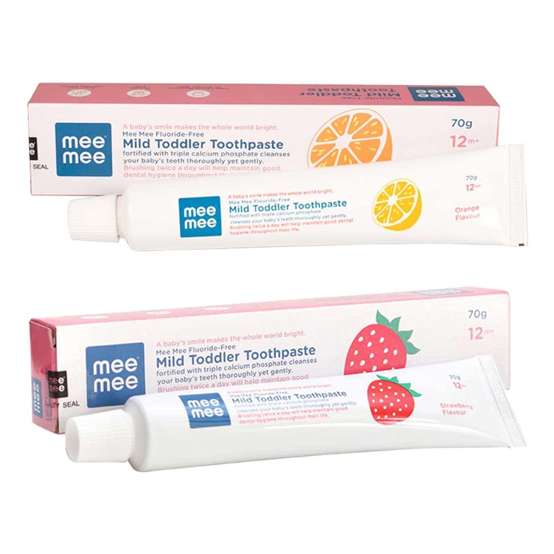 Mee Mee Mee Mee Fluoride-Free Orange Flavor Toothpaste, 70 g (Pack of 2) (Strawberry + Orange, 70 g (Pack of 2))