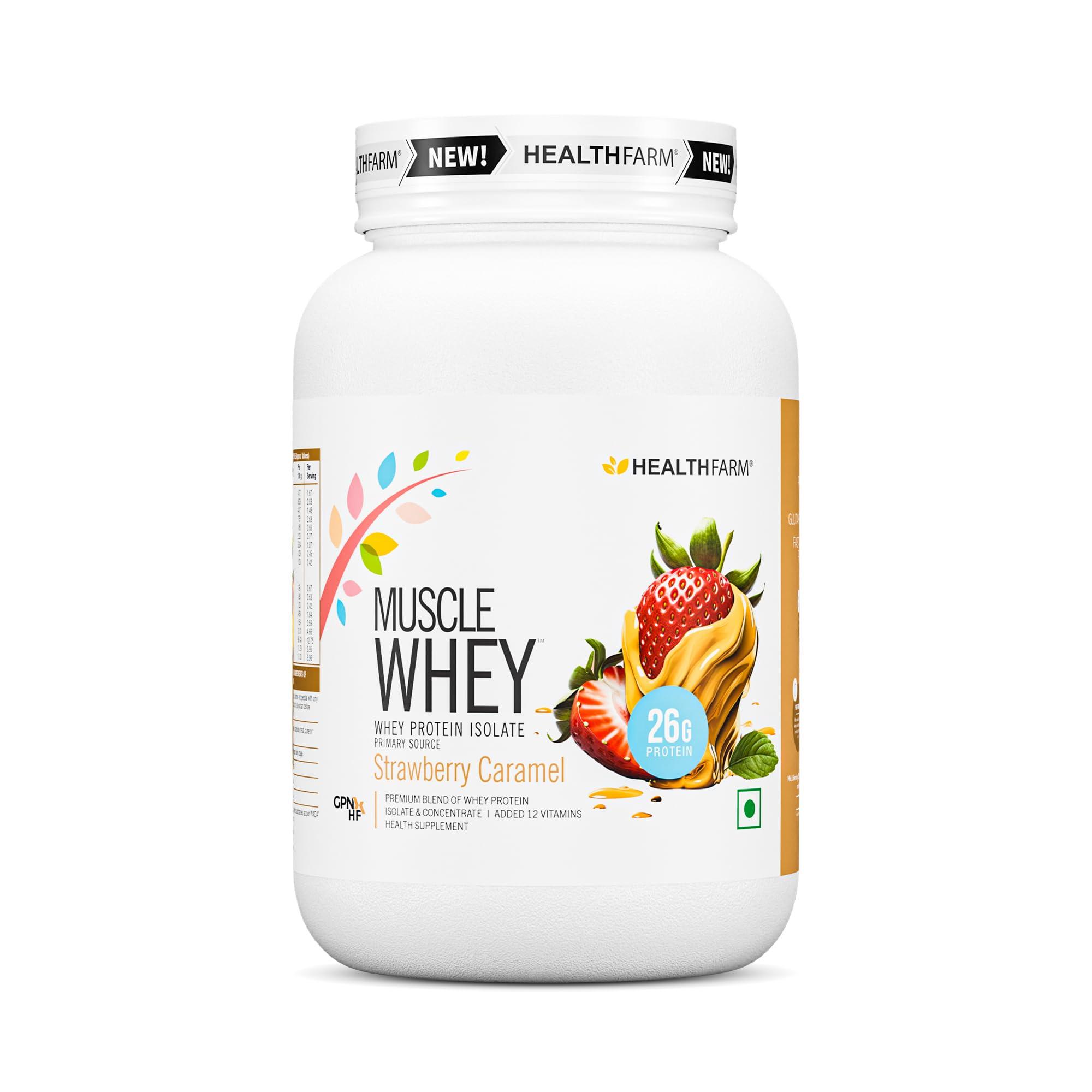 HEALTHFARM HEALTHFARM Muscle Whey Protein, Lab Tested For Purity| Zero Banned Substance (Strawberry Caramel, 1Kg)