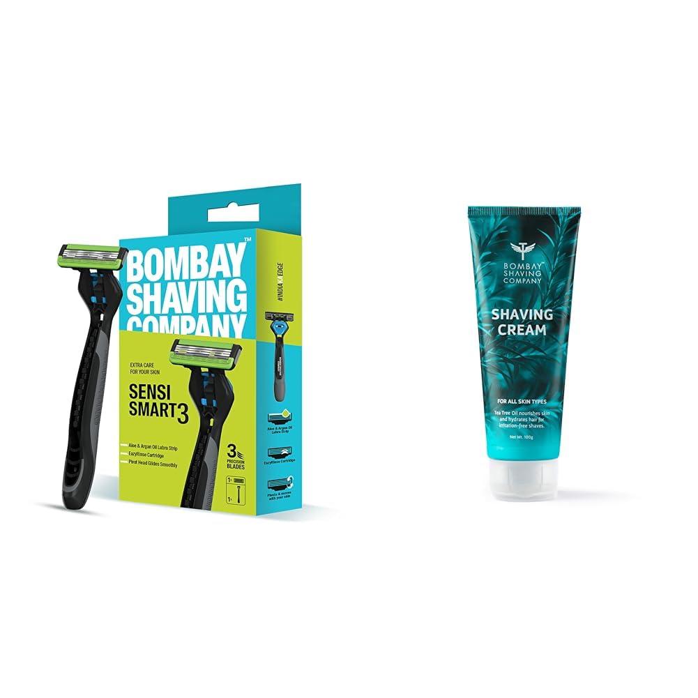 Bombay Shaving Company Bombay Shaving Company Sensi Smart 3 Value Pack - Razor with Shaving Cream | Shaving Razor for Men | Aloe Gel and Argan Oil Lubra Strip | Pivot Head for Smooth Glide