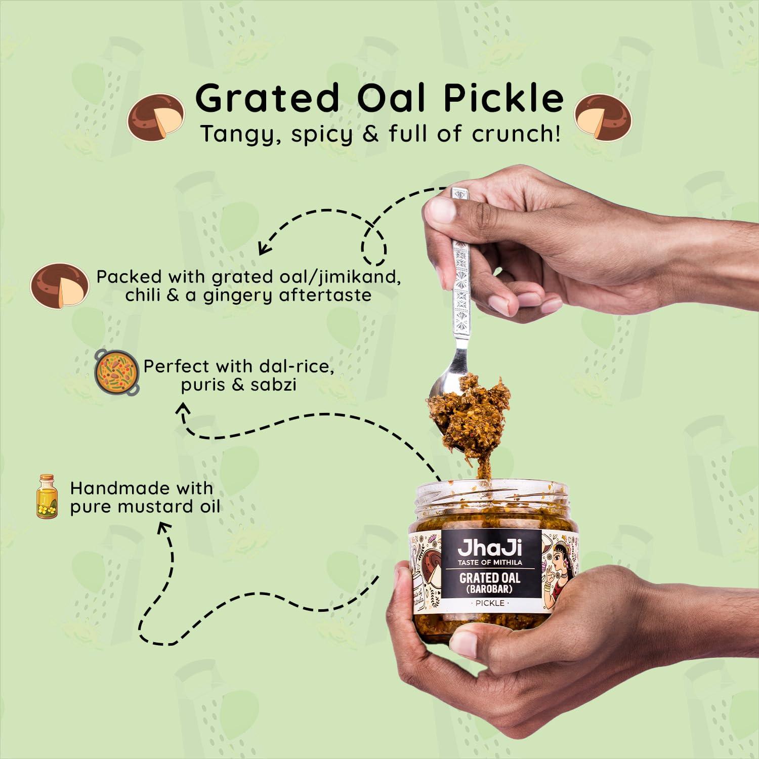 JhaJi - Taste of Mithila JhaJi - Taste of Mithila Oal Ginger Chilli Mix Pickle | Tangy, Spicy, And Gingery Aftertaste | Grated Jimikand Pieces | Sun-Dried | Bihari-Style Homemade Pickle, 500G