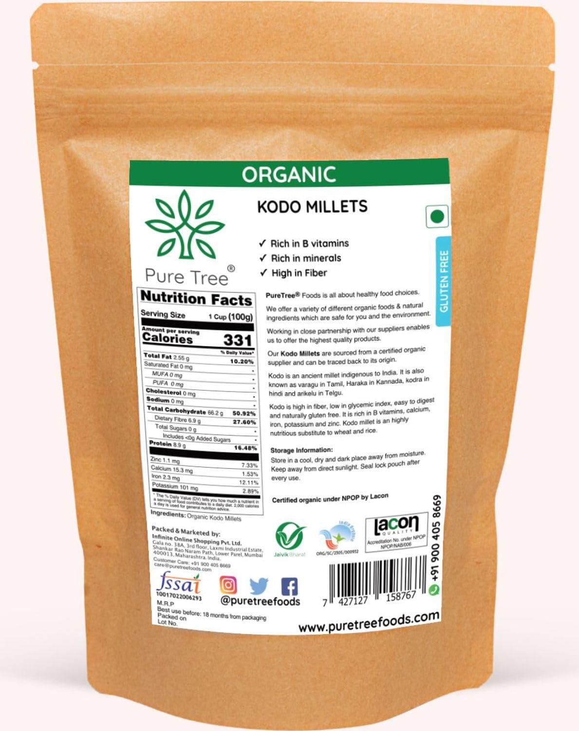 Pure Tree Pure Tree Certified Organic Kodo Millet | 900 g | Kodo Millet Arikelu Organic Millets | Cow Grass Gluten-Free Kodra Millet | Millet Rice Unpolished Millets For Upma, Dosa