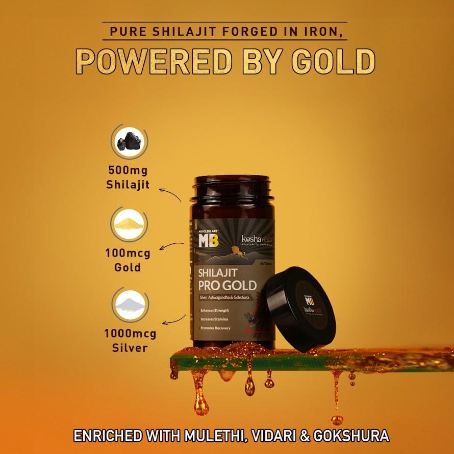Koshaveda Koshaveda Shilajit Pro Gold by MuscleBlaze (60 Tablets Each, Pack of 2) | Fortified with 24 Carat Gold, Shilajit, Ashwagandha & Gokshura | For Strength, Stamina & Recovery