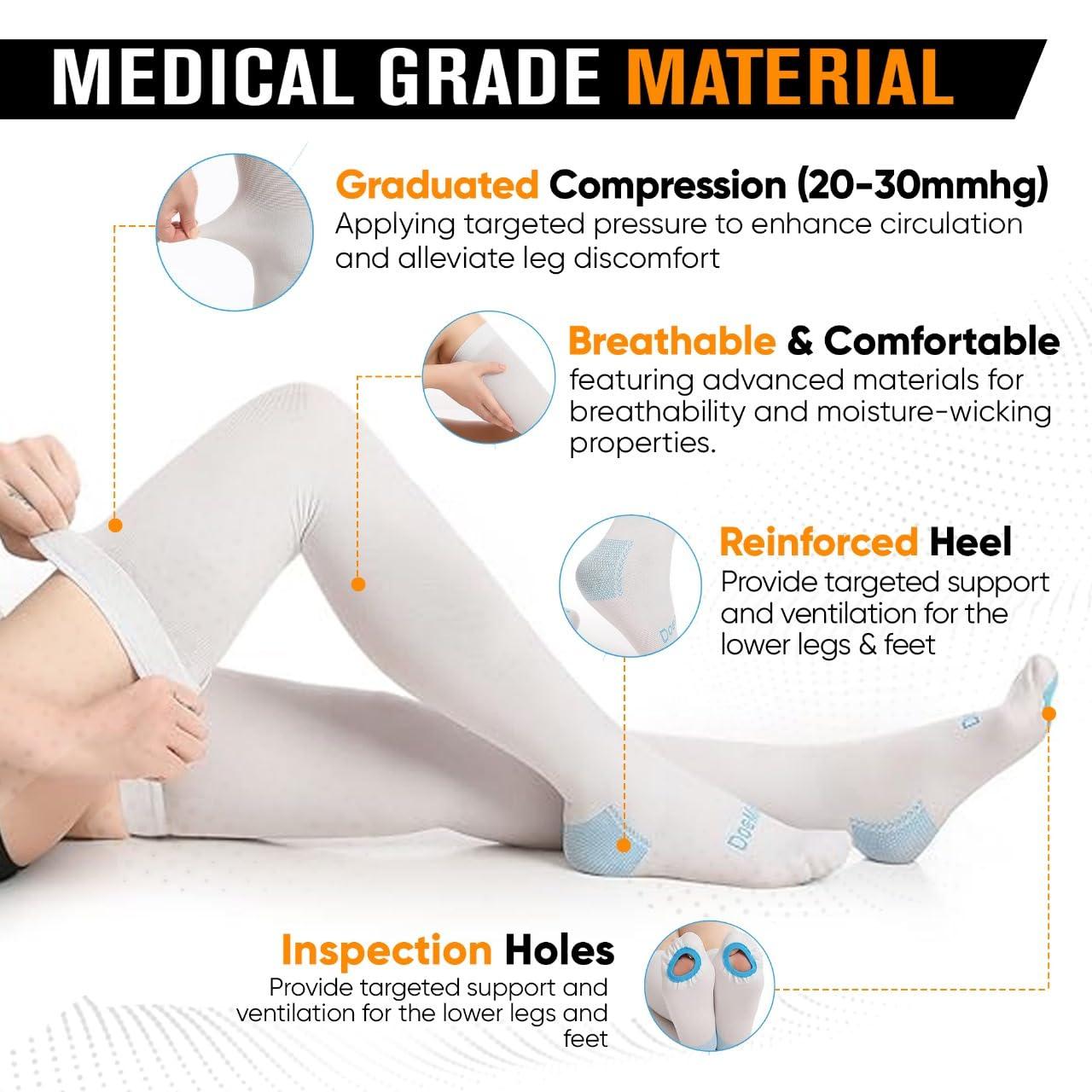 Doc Miller Doc Miller Thigh High Anti Embolism TED Surgical Stockings Compression Socks - Graduated 15-20mmHg Support Hose for Women Men, White, Large