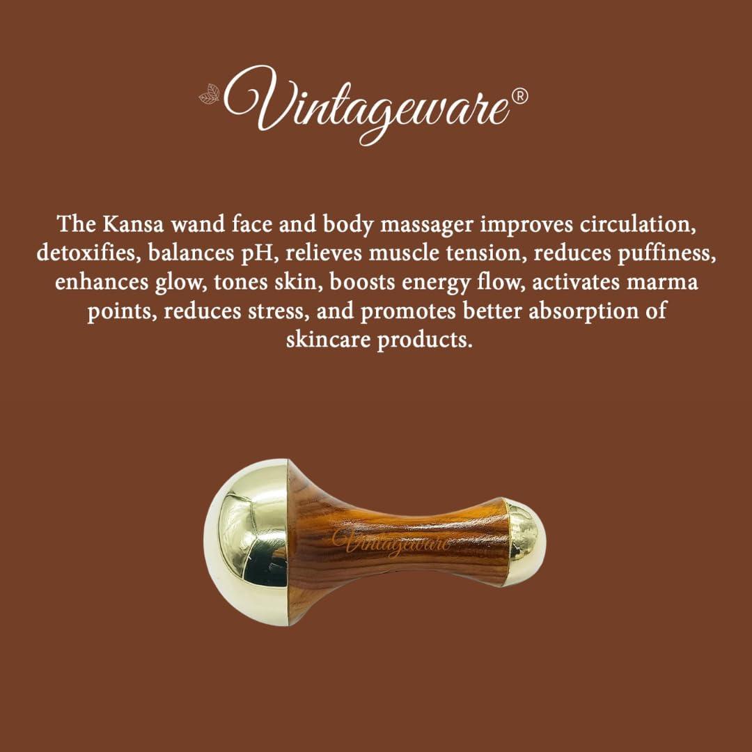 Casaveda Casaveda Face & Acupressure Double Sided Kansa Wand Iastem Tool Massager With Teak Wood Handle For Detoxification And Deep Relaxation (Natural Brown, Small)