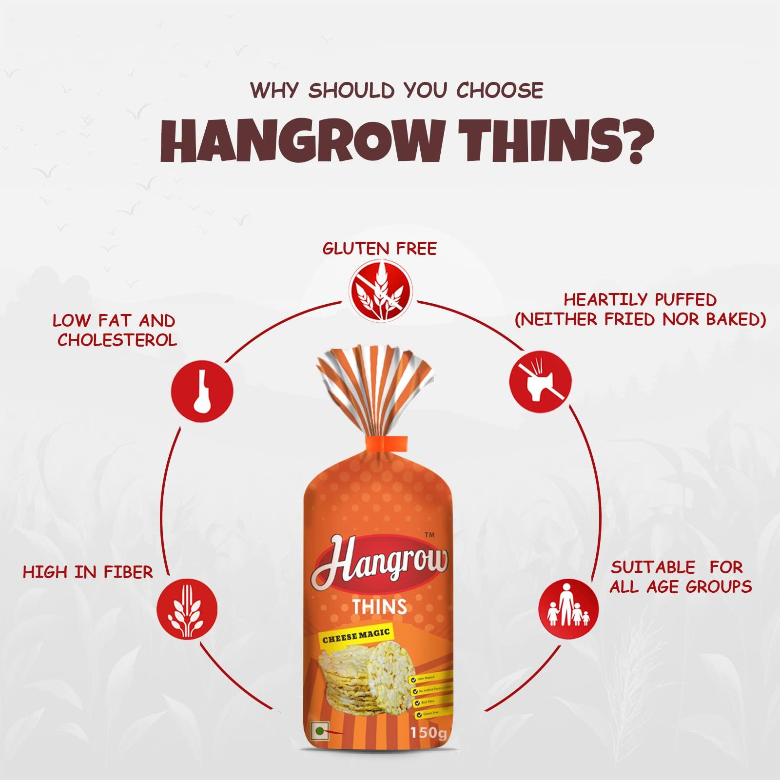 HANGROW Hangrow Thins Cheese Magic (150g) - Gluten Free | Popped Corn | Healthy Snack | Low Fat | High Fiber | Irresistible Flavor of Deliciously Melting Cheese for a Magical Taste Experience! (3+1FREE)