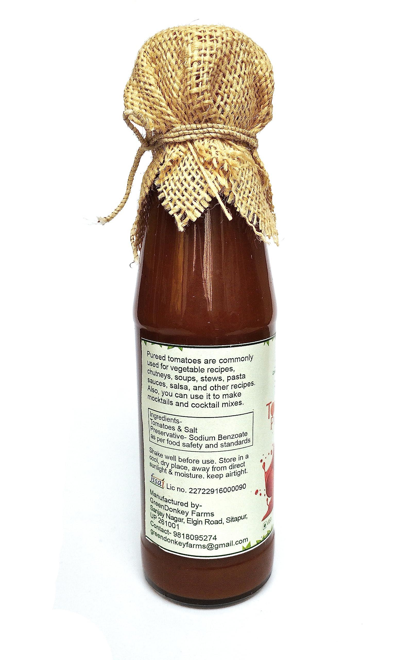 GreenDonkey Farms GreenDonkey Farms Desi Tomato Puree, 600g. Three bottles of tomato puree 200g each.