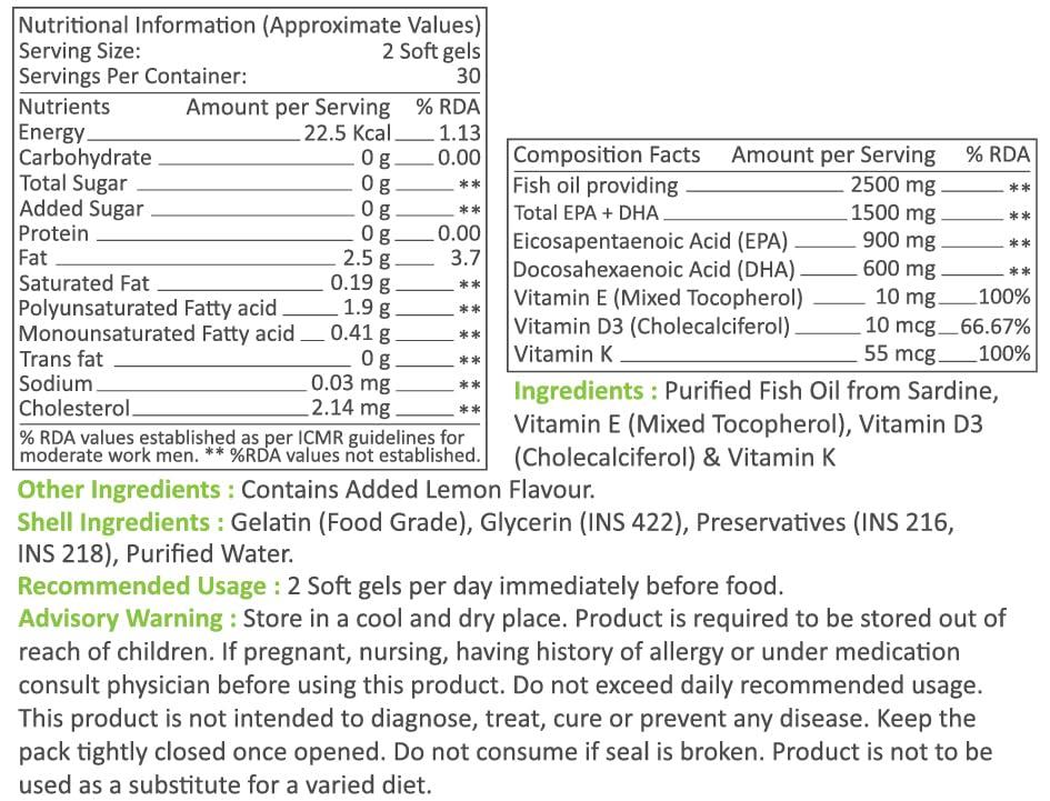Muscle Nectar Muscle Nectar (MN) Omega 3 Fish Oil Triple Strength 2500mg for Men & Women - Molecularly Distilled (1500mg EPA/DHA) (60 Soft gels)