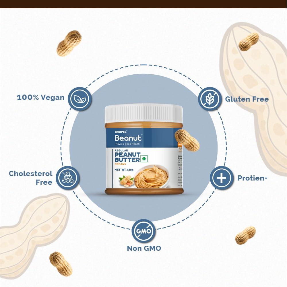 Beanut Beanut Peanut Butter Creamy is a Smart Choice From Real Roasted Pressed Protein, Non GMO, Gluten Free, Vegan And Cholesterol Free Gym, Exercise Daily Energetic-(510g - Pack of 1)