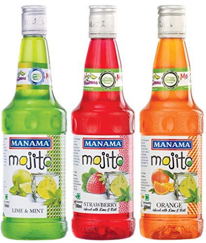 Manama Manama Lime and Mint Mojito, Strawberry Mojito and Orange Mojito, 500ML Each, Pack of 3